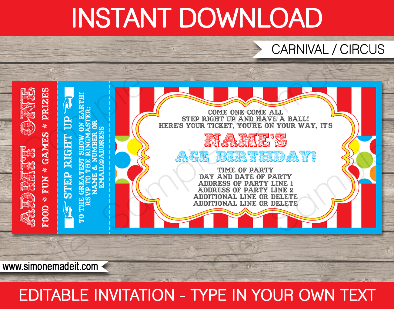 Carnival Ticket Invitation Template Printable Circus Birthday Party Invite