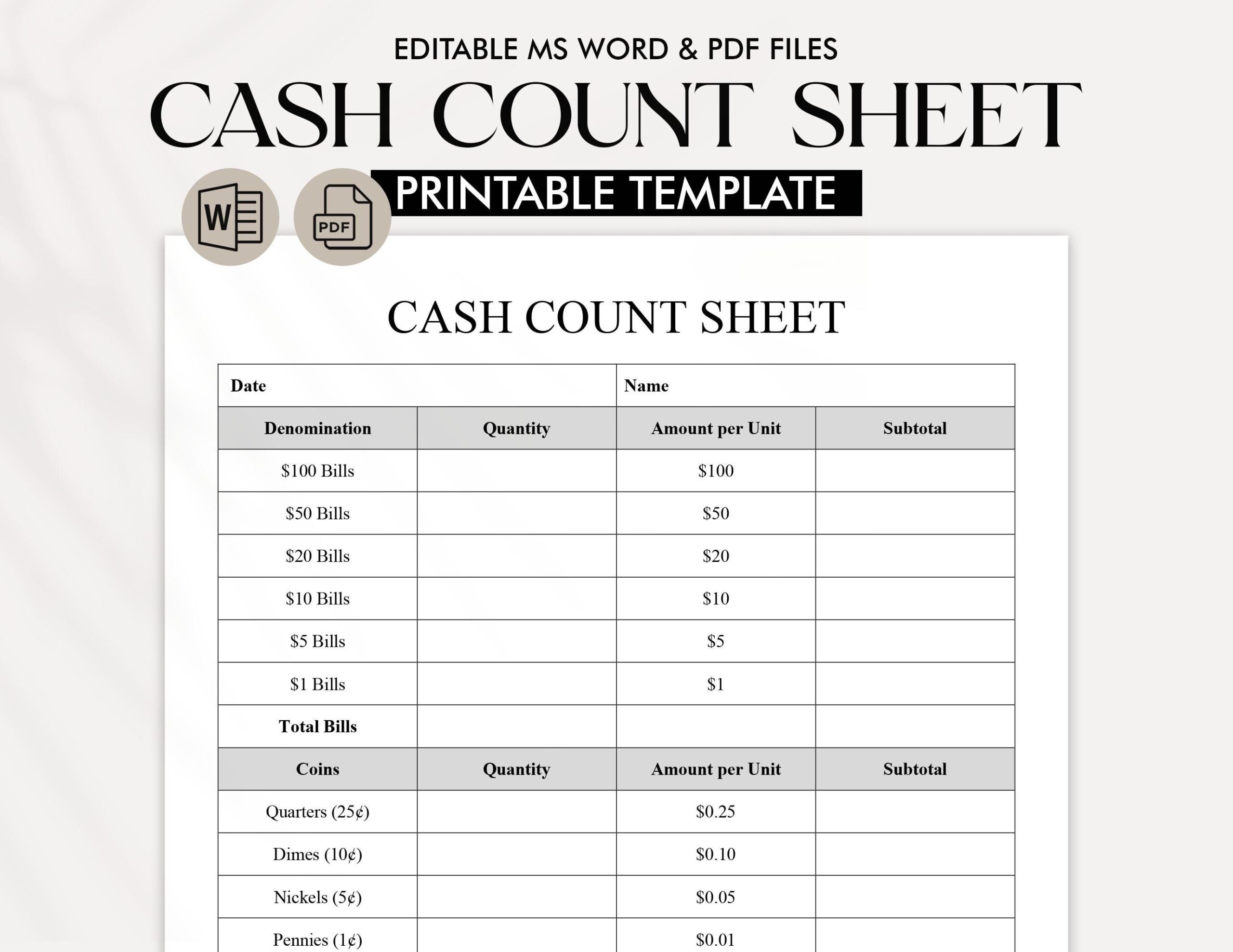 Editable Printable Cash Box Reconciliation