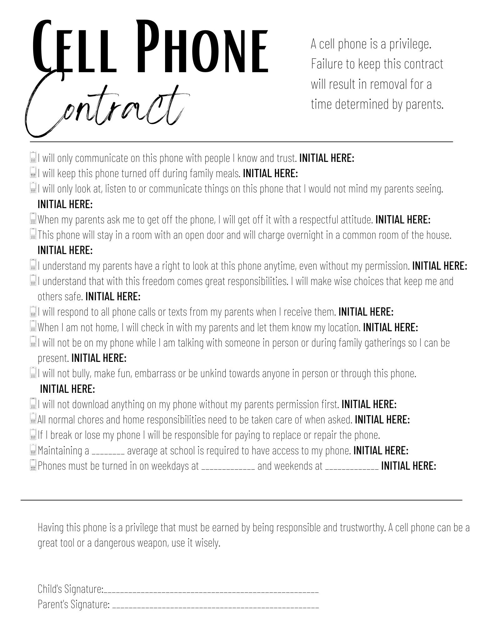 Cell Phone Contract For Kids teens Printable PDF Etsy