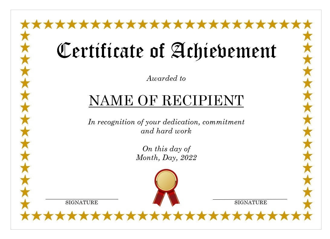 Certificate Of Achievement Template Microsoft Word Digital Download Downloadable Printable Editable Template Gold Stars Etsy