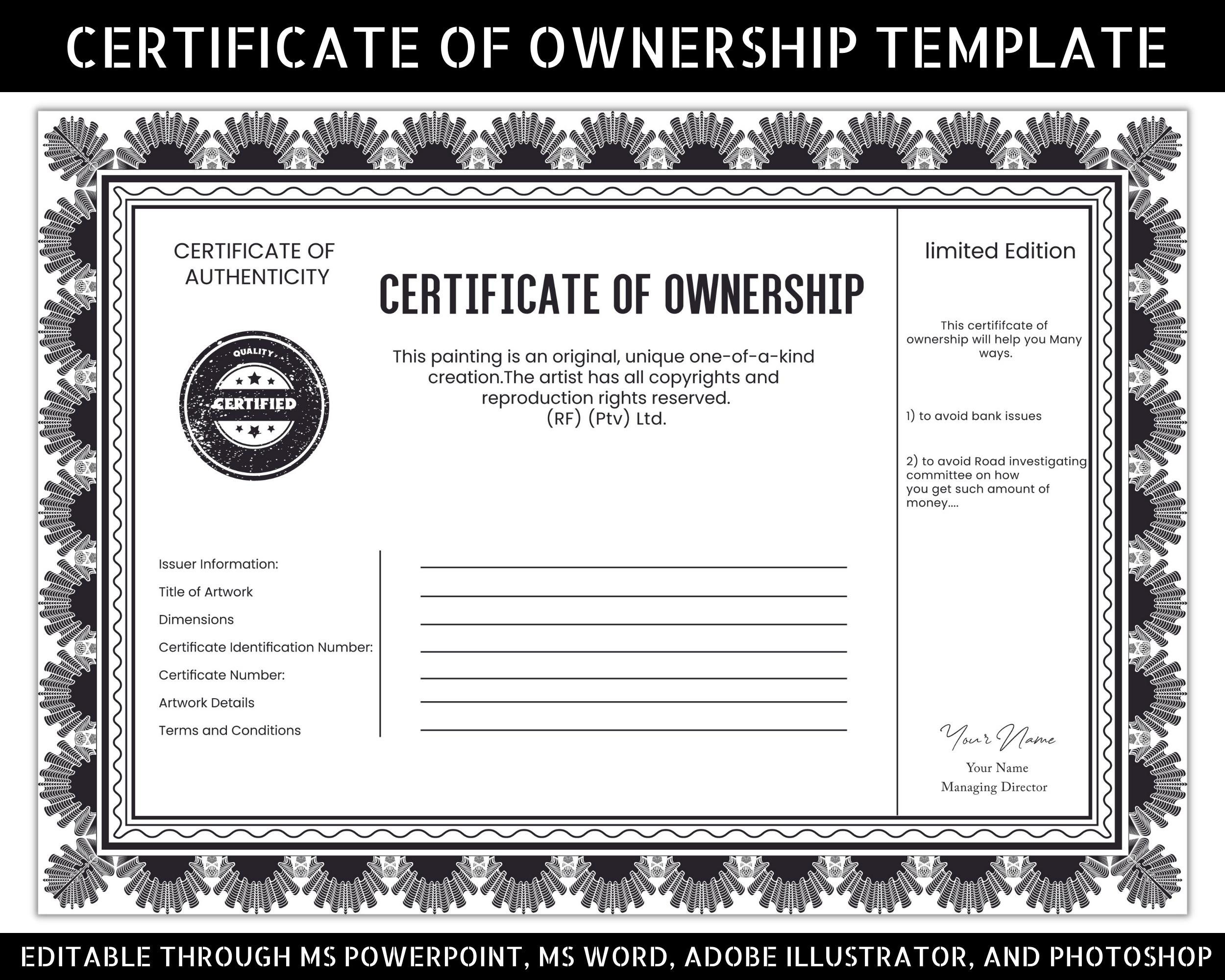 Editable Certificate Ownership Printable Blank Car Title Template
