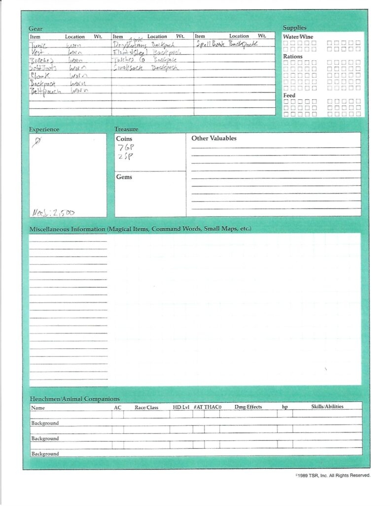 Printable Dungeons And Dragons 2nd Edition Character Sheet