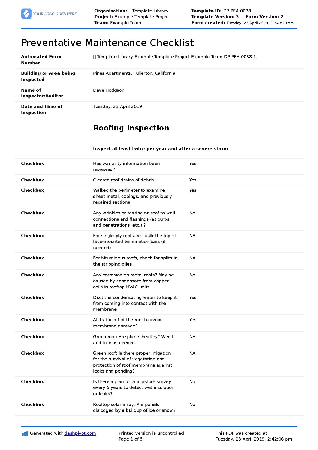 Checklist For Preventive Maintenance Template And Format