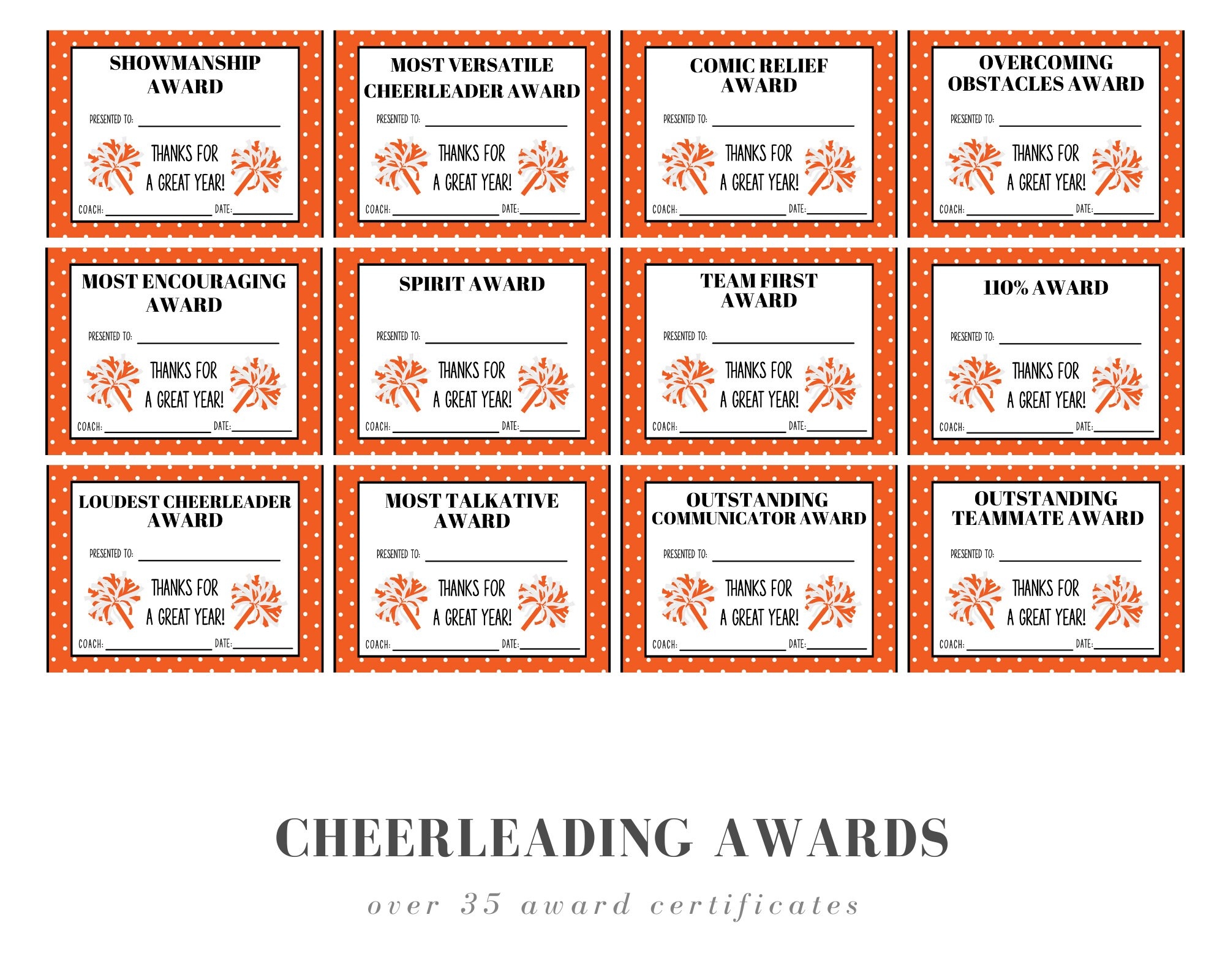 Cheerleading Award Certificates Orange Pom Poms Etsy