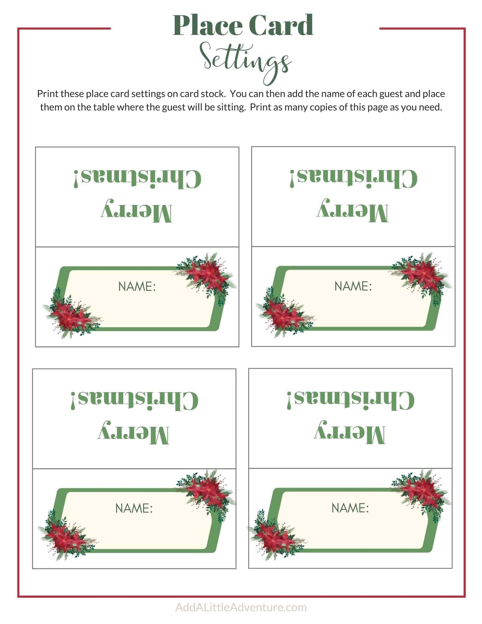 Christmas Place Cards Printables DIY Templates