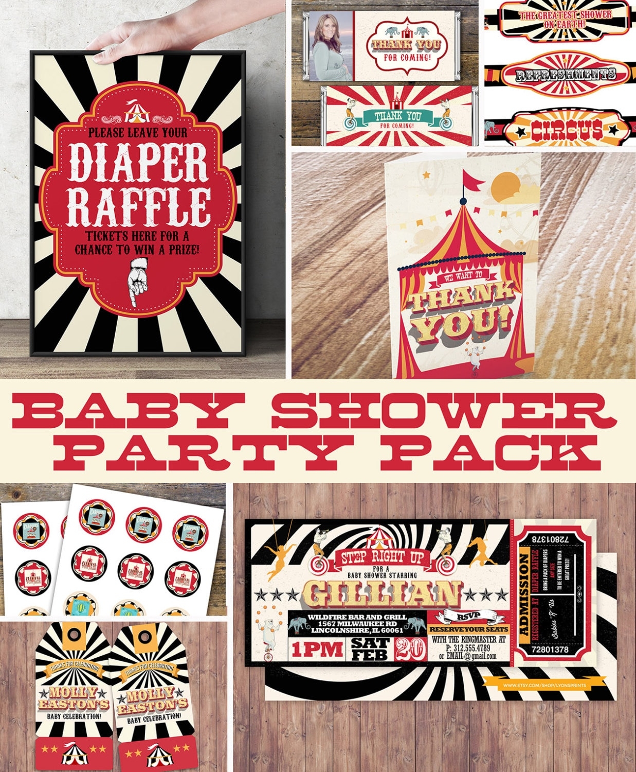 Circus Printable Baby Shower Package Vintage Circus Big Top Baby Shower DIY Set Invitation Sign Cupcake Toppers Thank You Card Party
