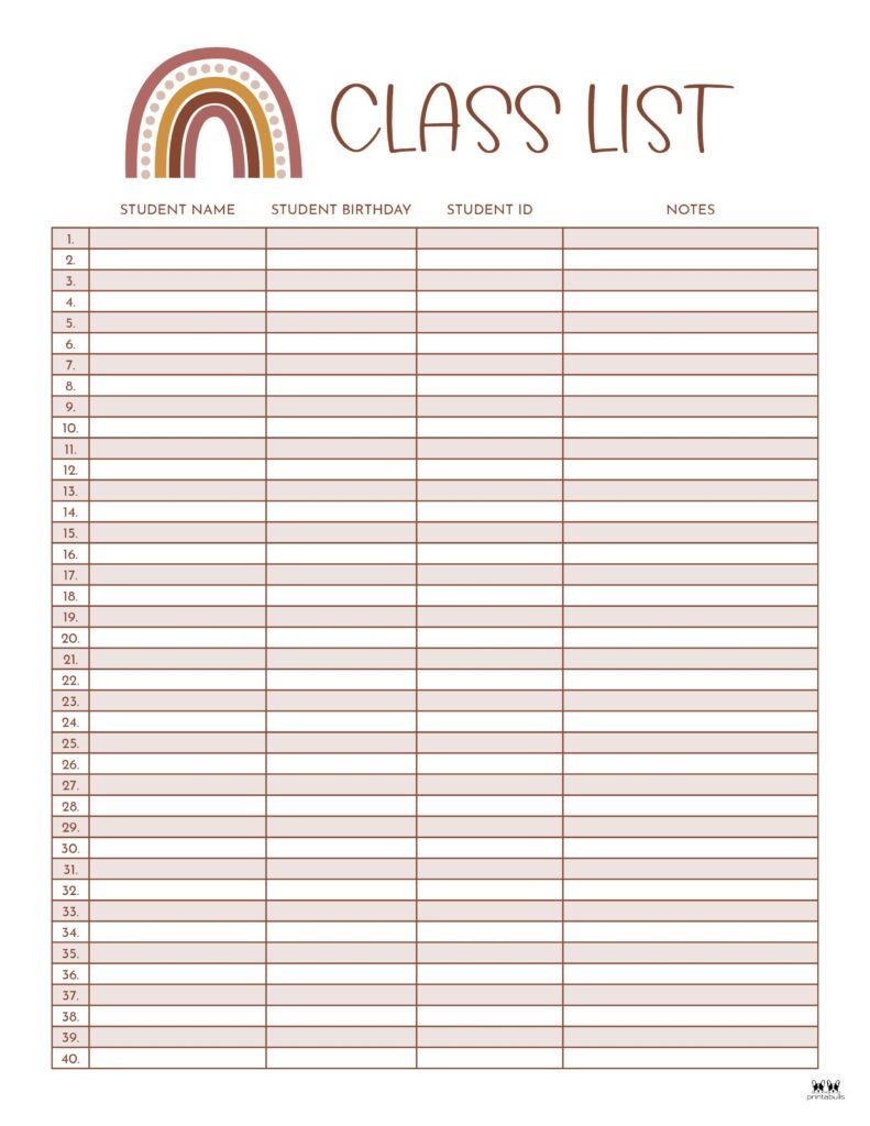 Class Roster Printable Editable