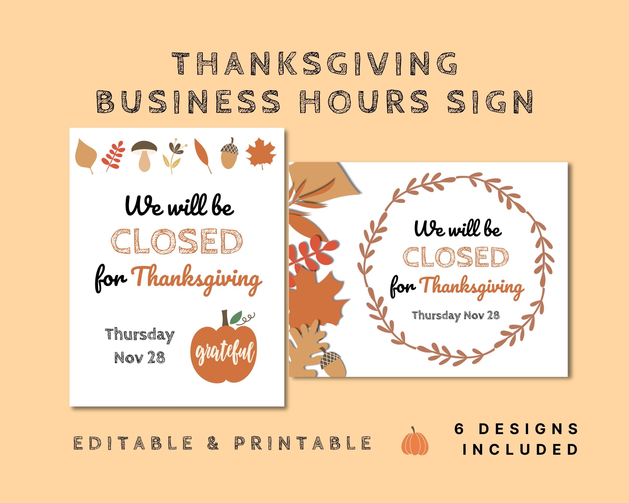 Closed For Thanksgiving Sign With Pumpkins And Fall Leaves Business Hours Sign Editable Sign Template For Business Retail Offices Etsy