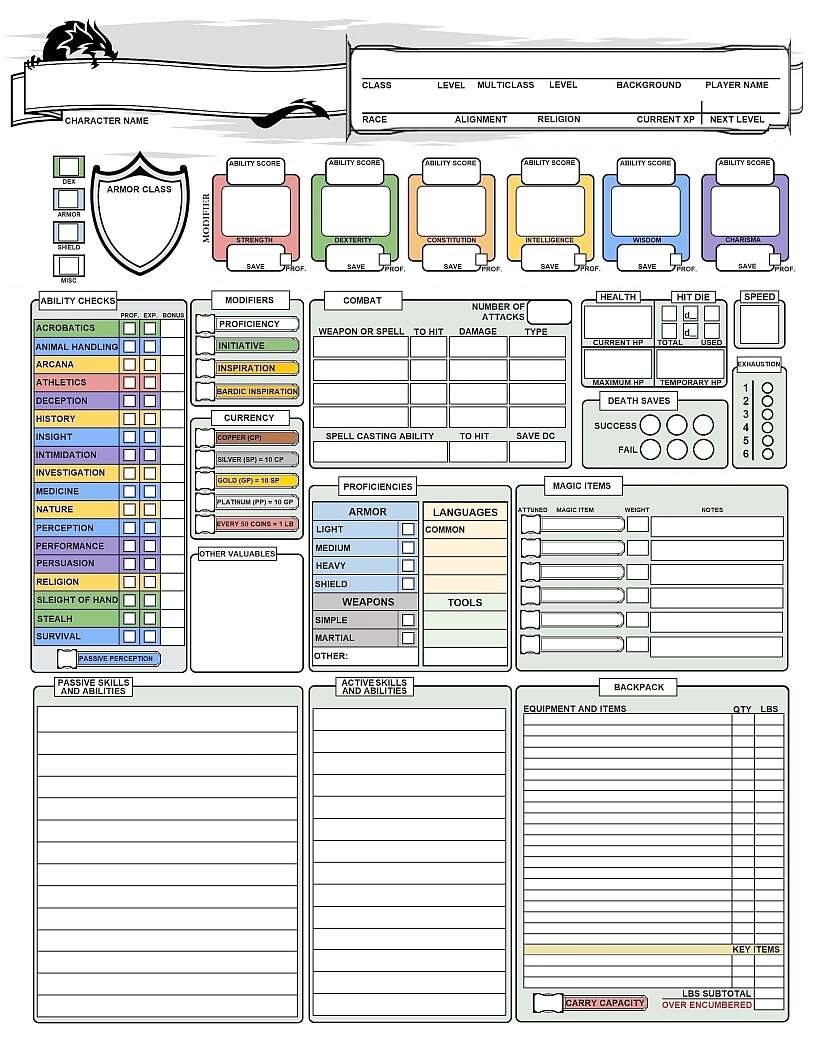 D&D Printable Character Sheet 5th Edition