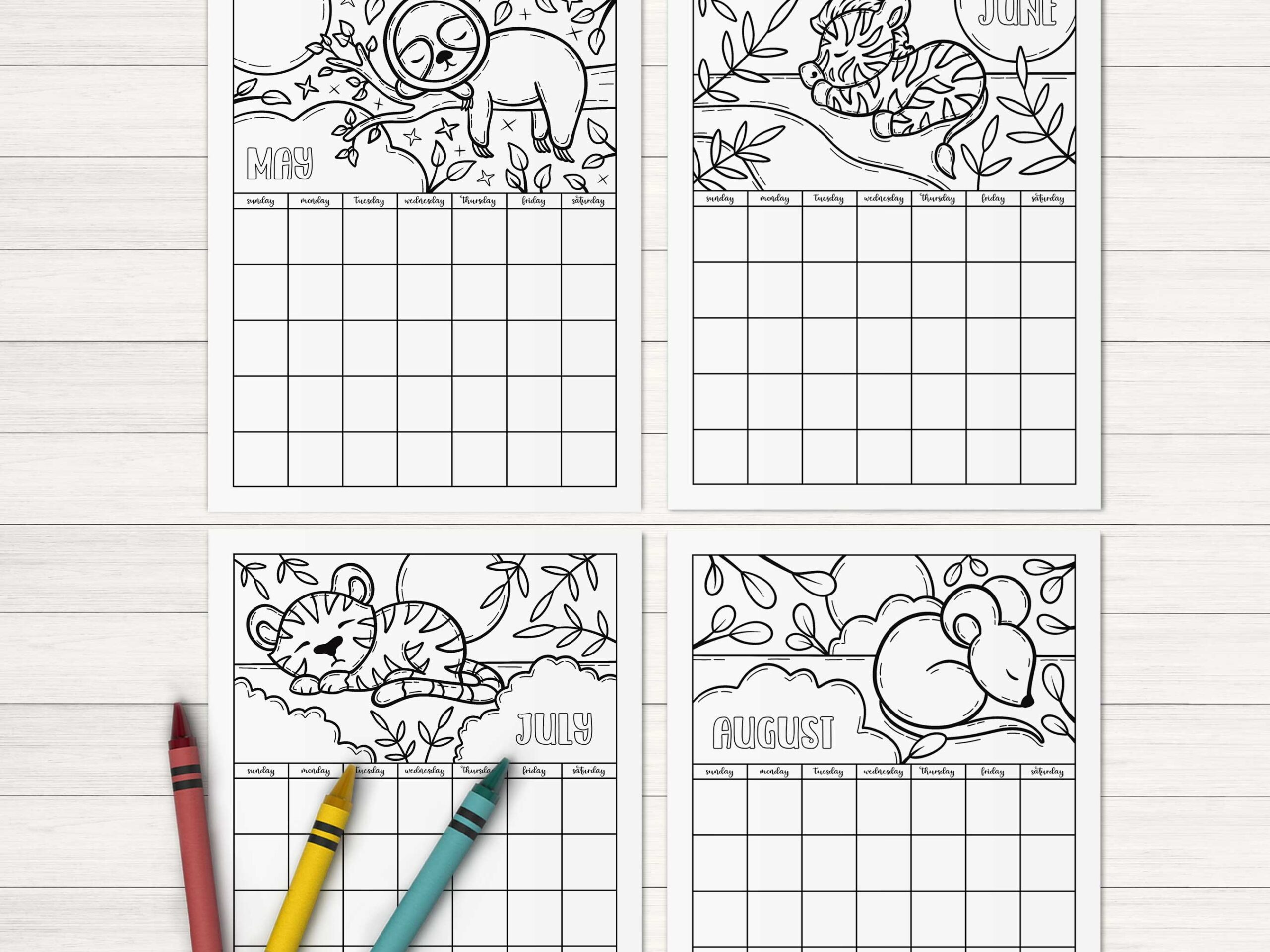 Coloring Calendar For Kids Undated Calendar Printable Animal Coloring Pages Cute Printable Planner 2024 2025 Calendar Template Etsy
