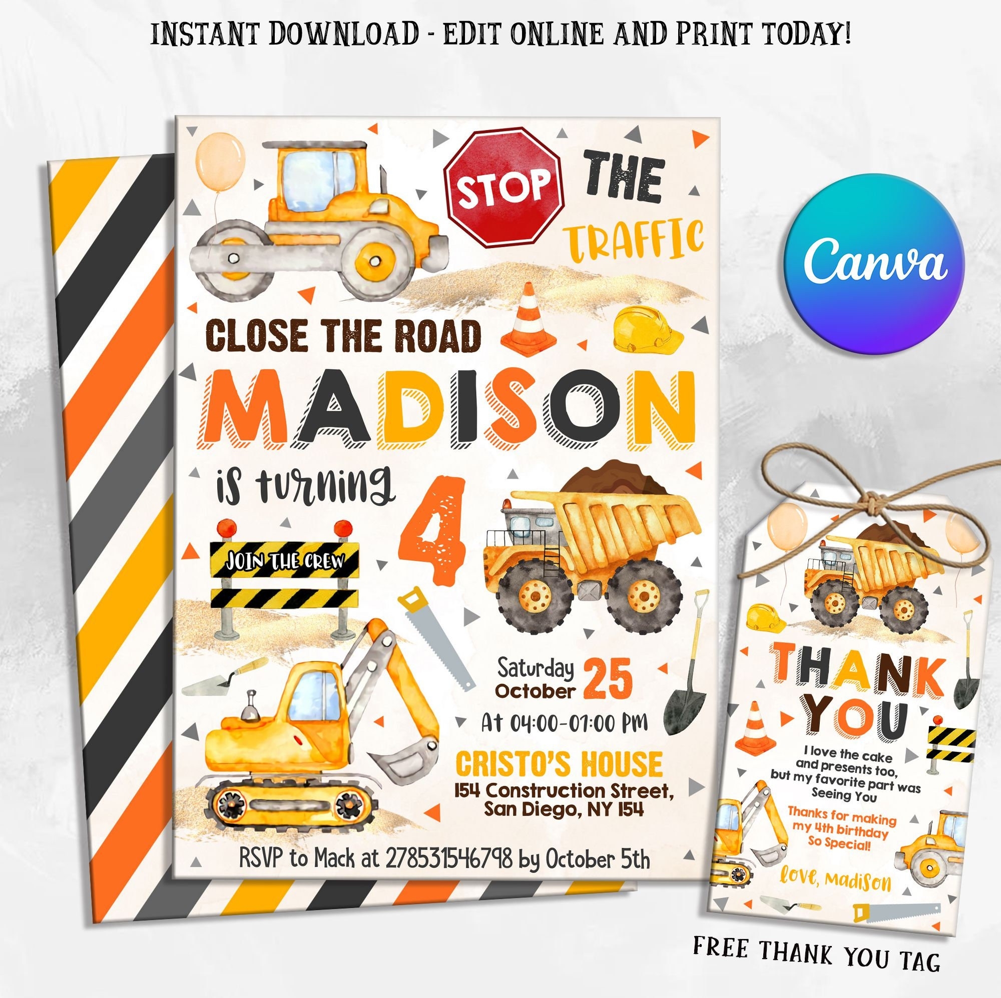 Construction Birthday Party Invitation Template Construction Invitation Construction Thank You Tag Printable Template Etsy