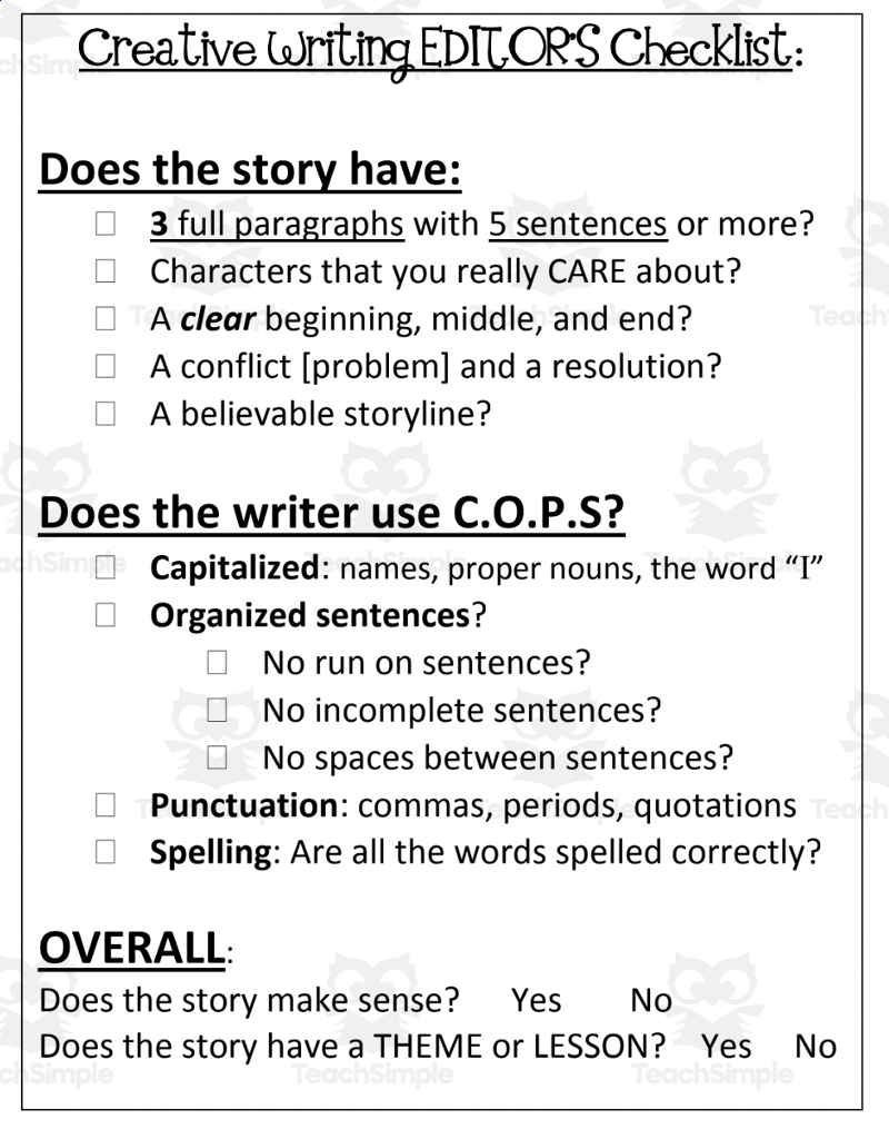 Creative Writing Checklists By Teach Simple