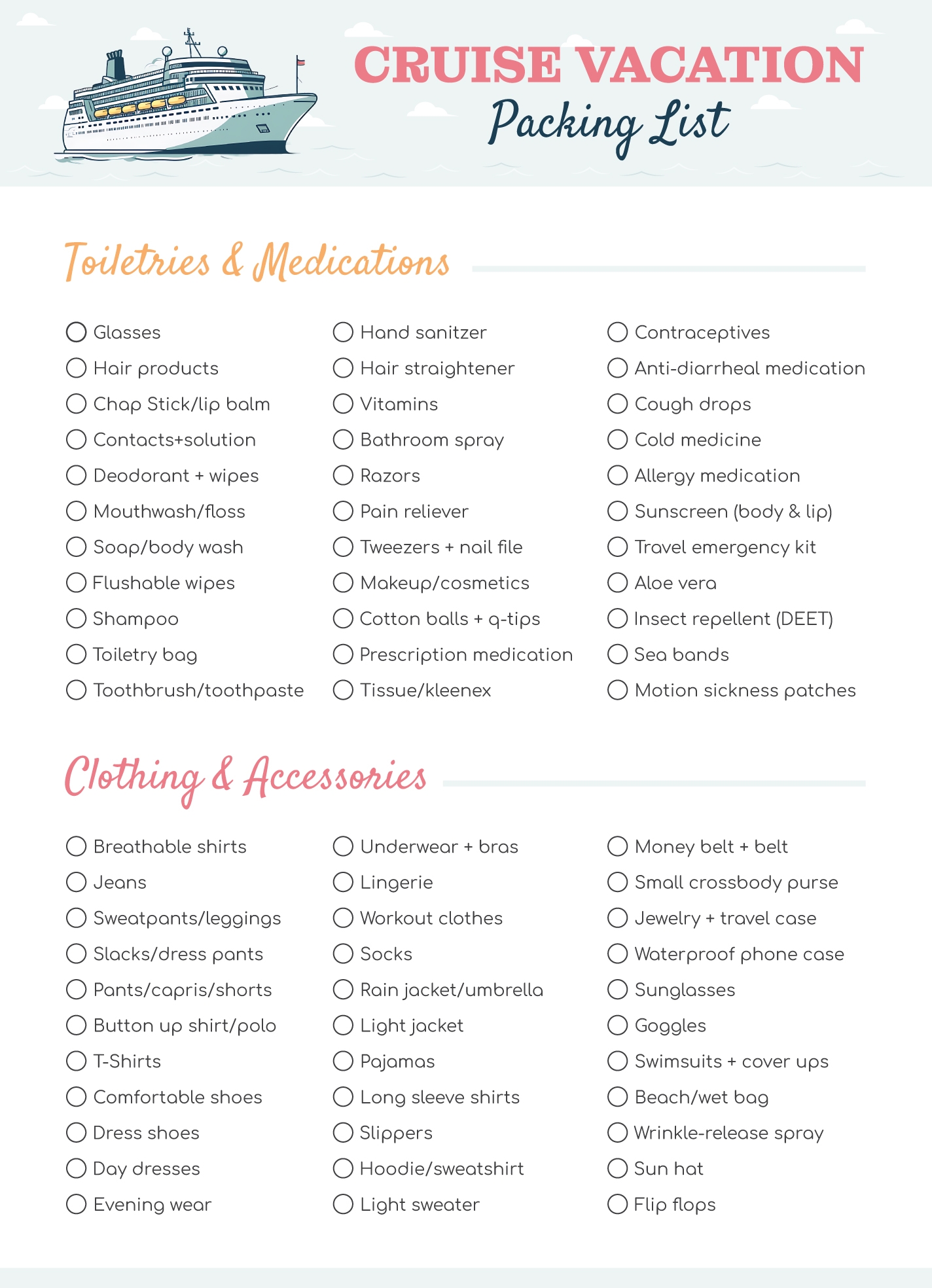 Cruise Vacation Packing List Free Google Docs Template Gdoc io
