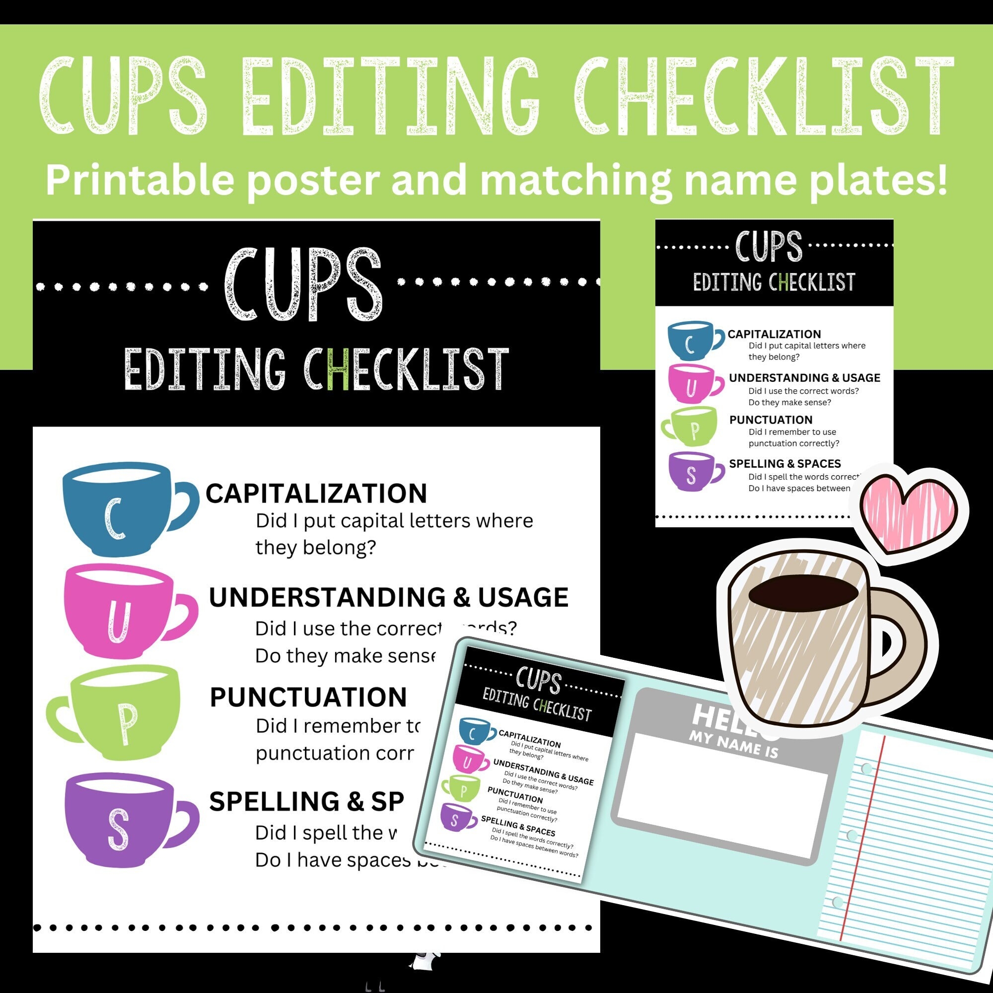 CUPS Editing Checklist Capitalization Usage And Understanding Punctuation Spelling And Spaces Writing Name Plate Poster Etsy