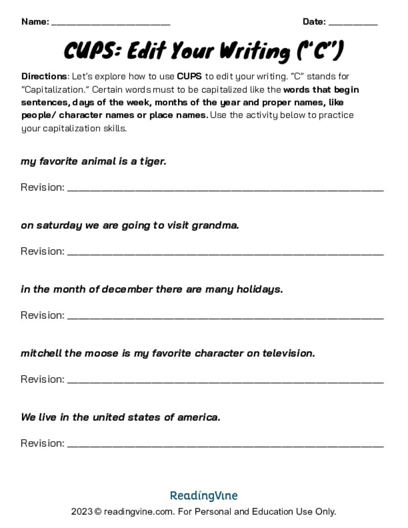CUPS Writing Extension Activity ReadingVine