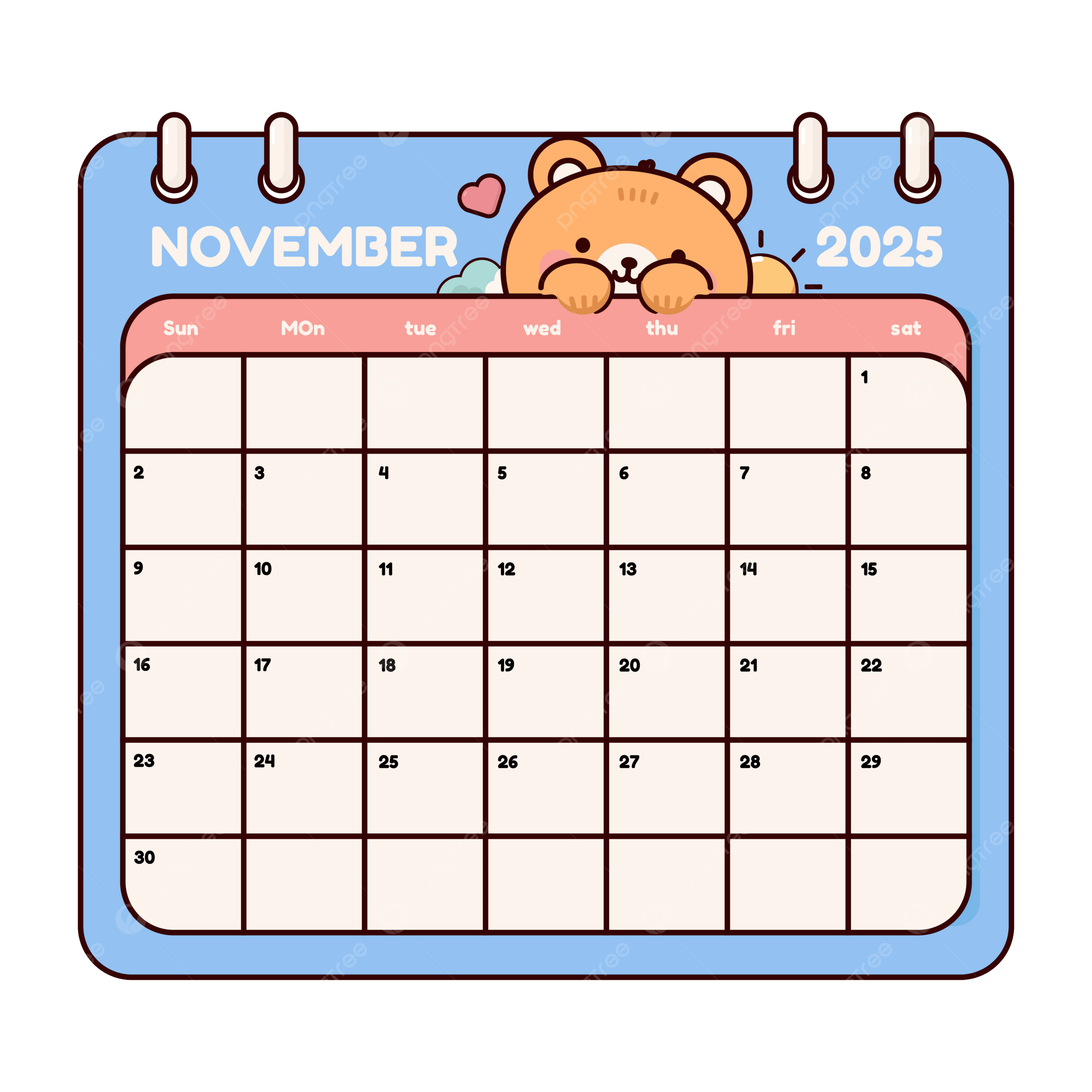 Cute Cartoon Bear November 2025 Calendar Page Wall Template Planner Diary In A Style Funny Character Isolated Vector Illustration Bear Clipart Cute Clipart Calendar Clipart PNG And Vector With Transparent Background For