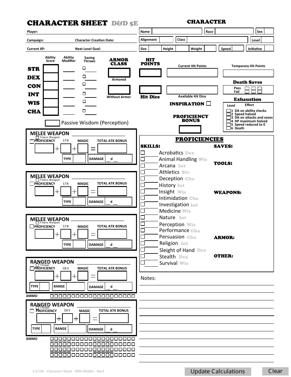 5th Edition Printable Character Sheet