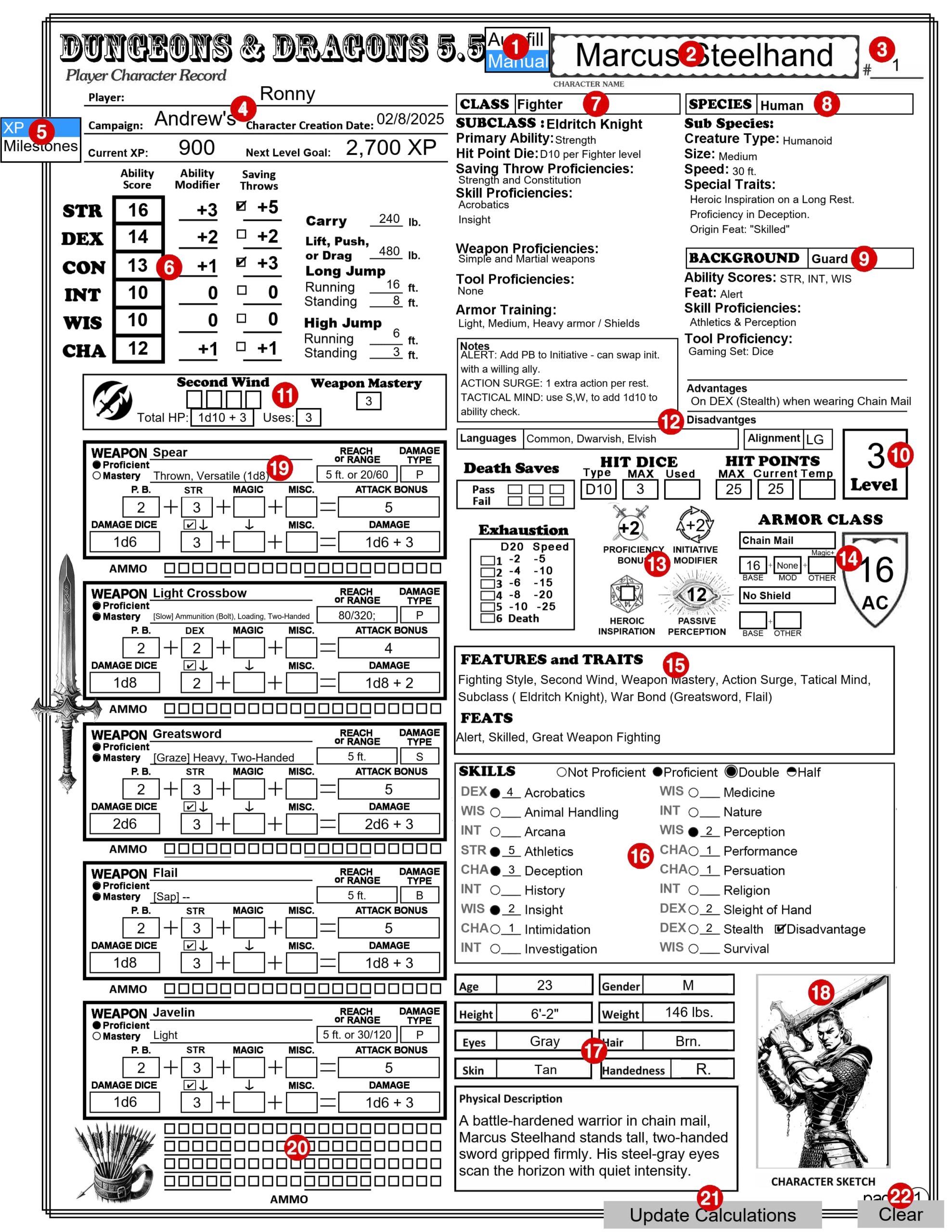 D D 5 5 Character Sheet Fillable And Auto Calculating Dungeon Master Assistance