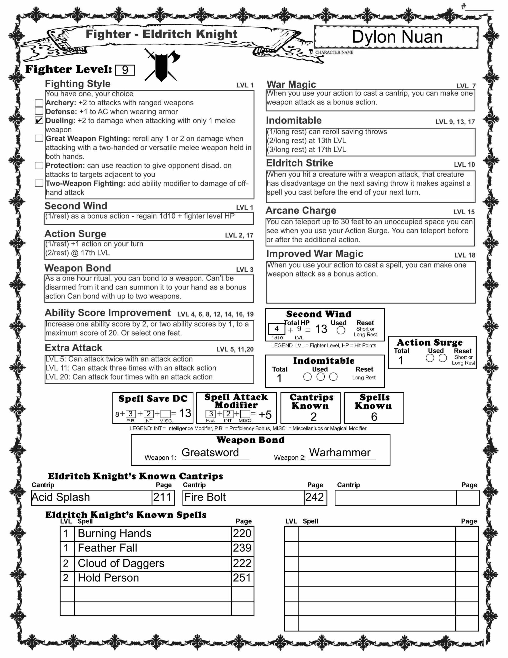D D 5E Class Reference Sheets Dungeon Master Assistance