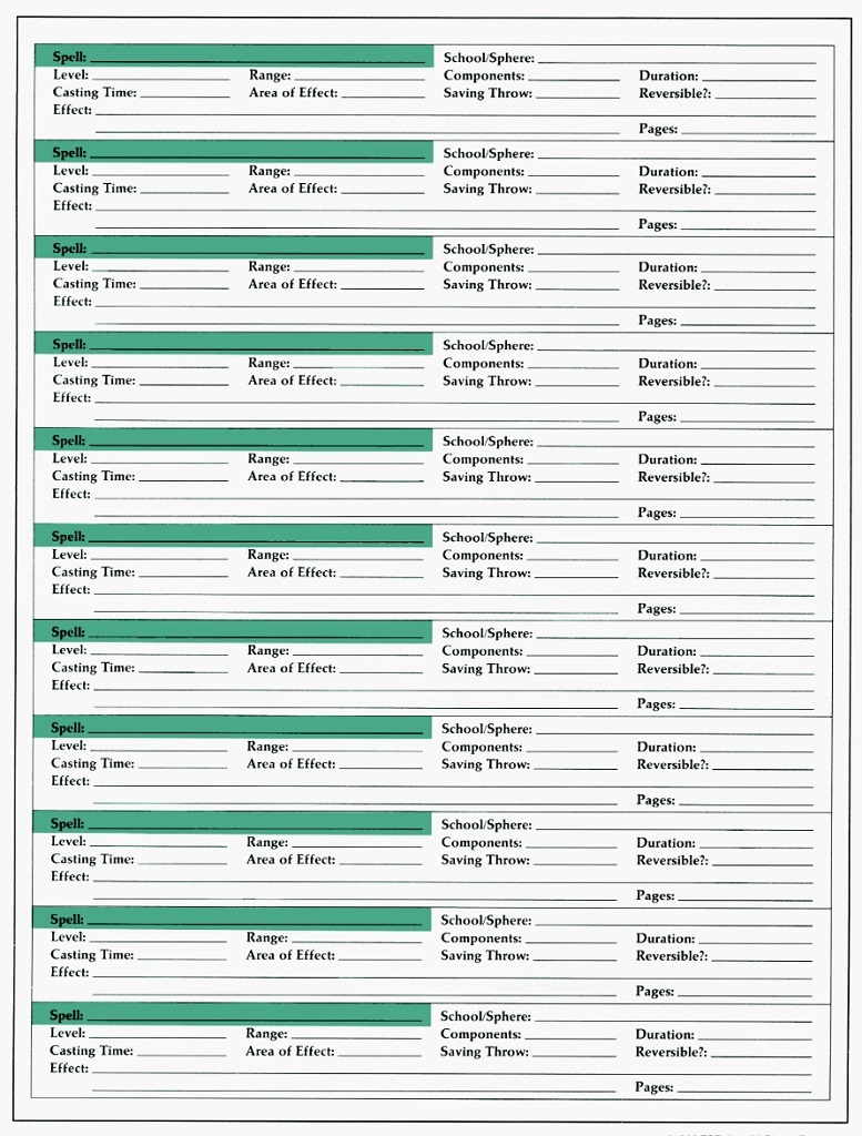 Printable Advanced Dungeons & Dragons 2nd Edition Spell Sheet