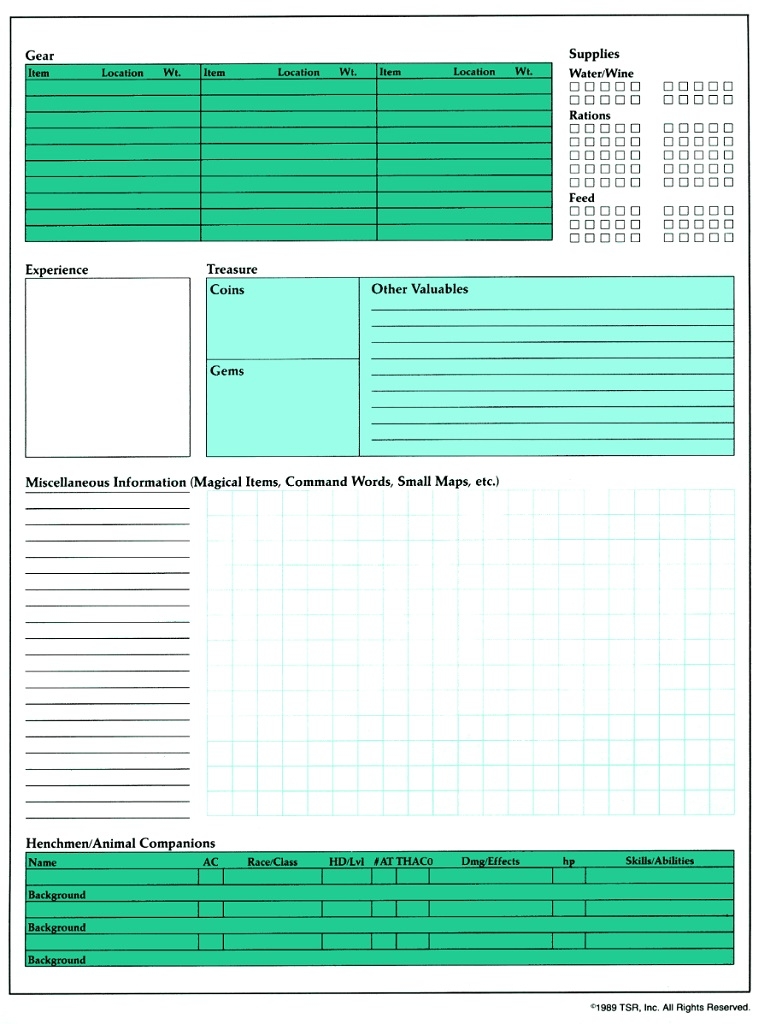 Ad&D 2nd Edition Printable Charts