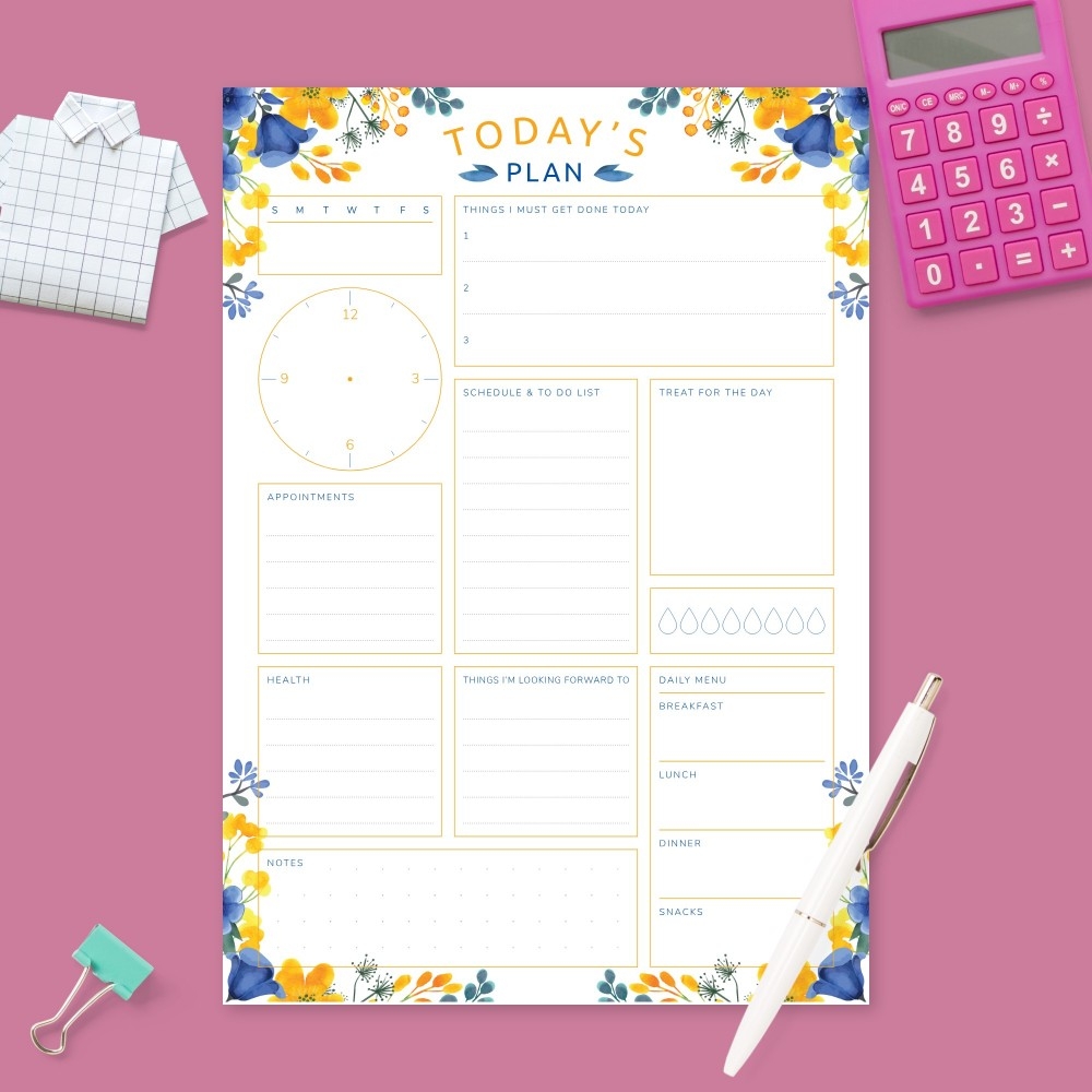 Daily Planner Blue And Yellow Flowers Template Printable PDF