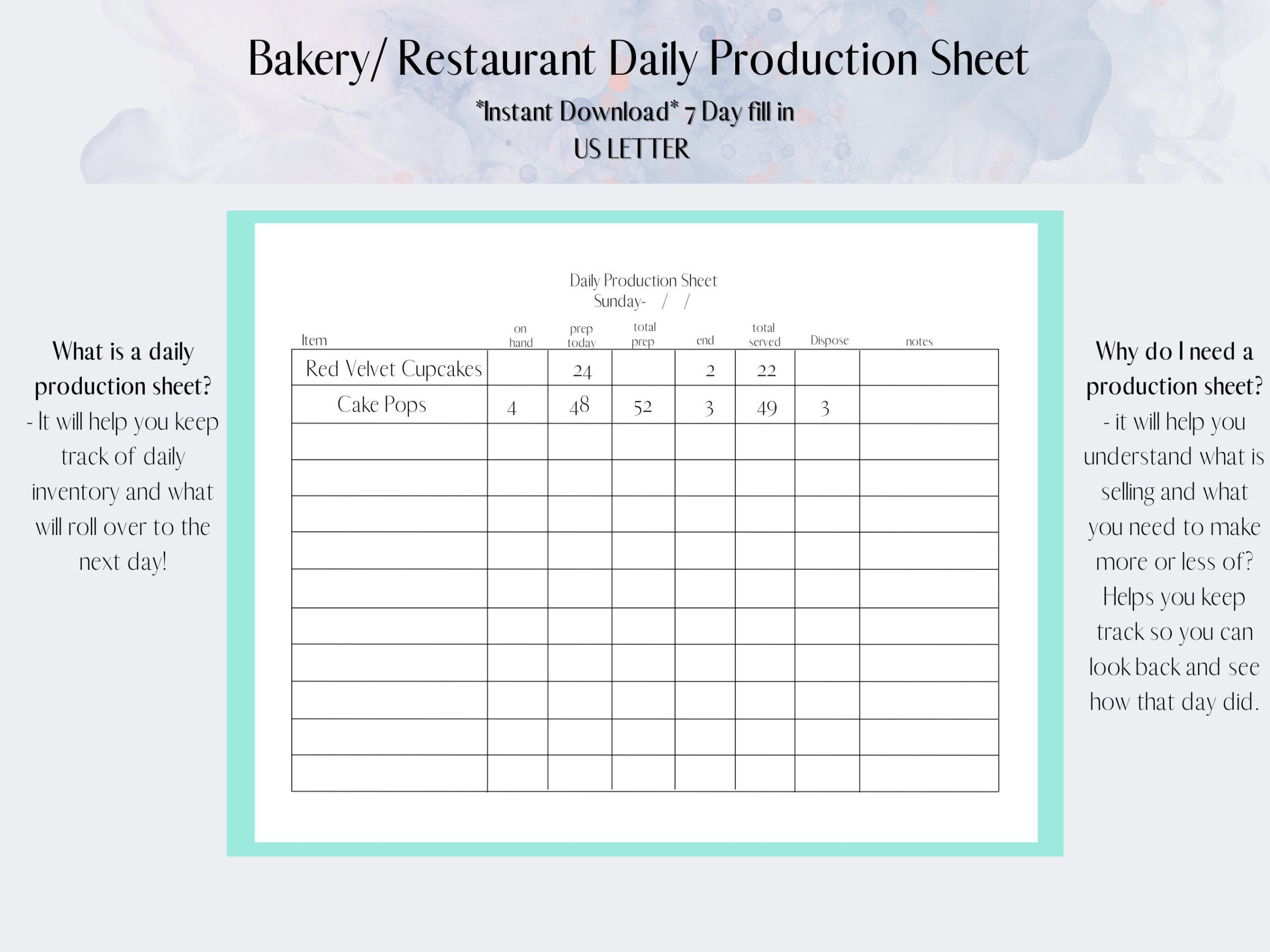 Editable And Printable Bakery Inventory List