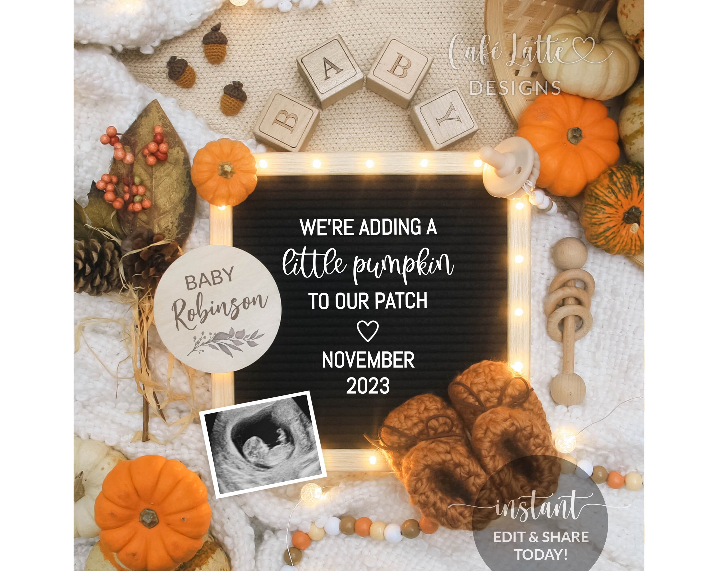 Digital Fall Boho Pregnancy Announcement Social Media Adding Pumpkin To Our Patch Letter Board Editable Template Baby Autumn Reveal DIY Etsy