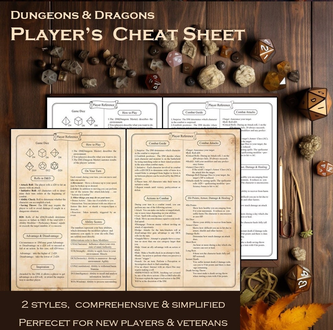 Dnd 5e New Player Cheat Sheet d d Rules comprehensive Quick Guide Printable A4 A5 PDF For Beginners veterans dungeons And Dragons 2 Styles Etsy