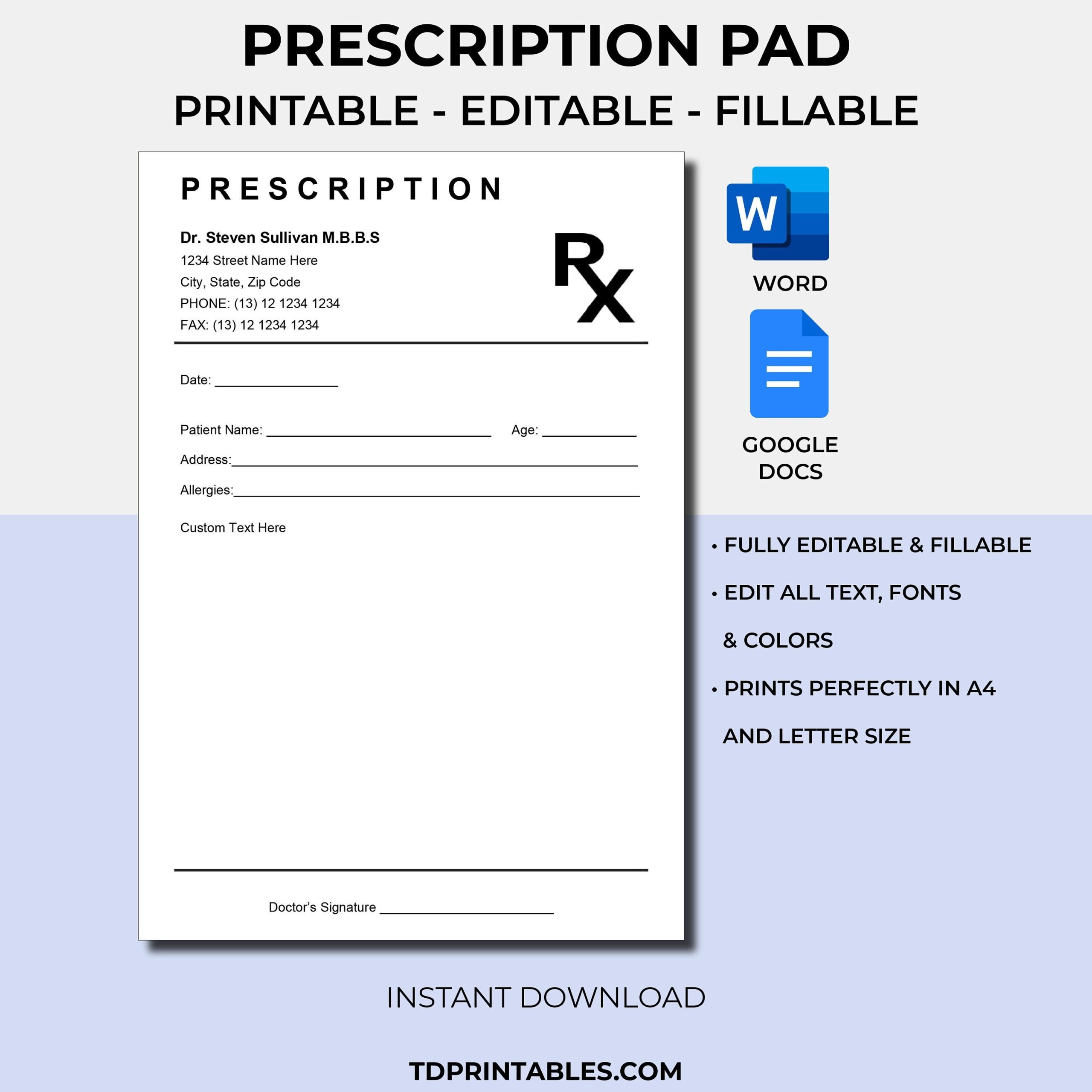 Printable Editable Prescription Template