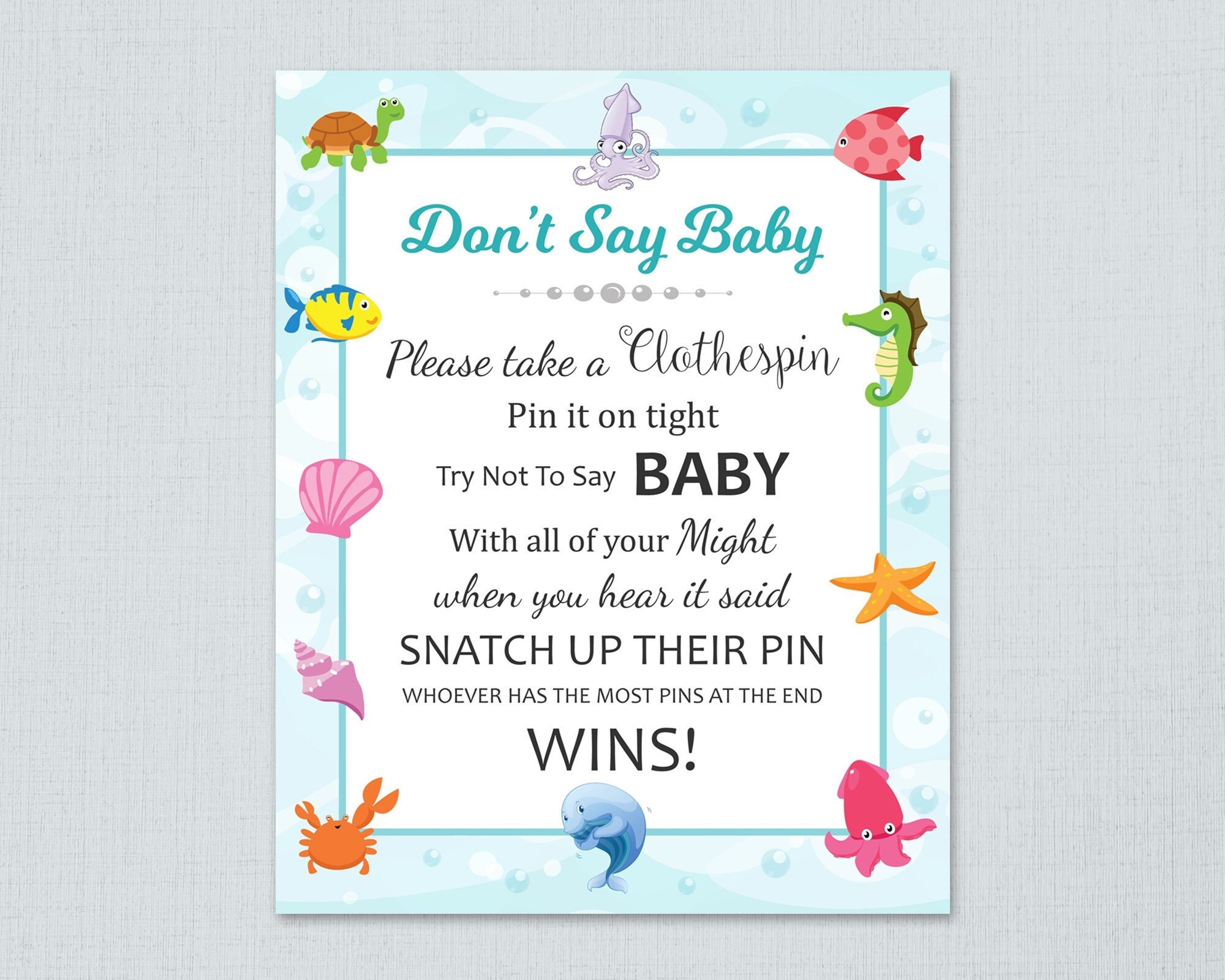 Don t Say Baby Game Printable Dont Say Baby Sign Under The Sea Theme Baby Shower Underwater Ocean Fish Clothespin Game Download B006 Etsy