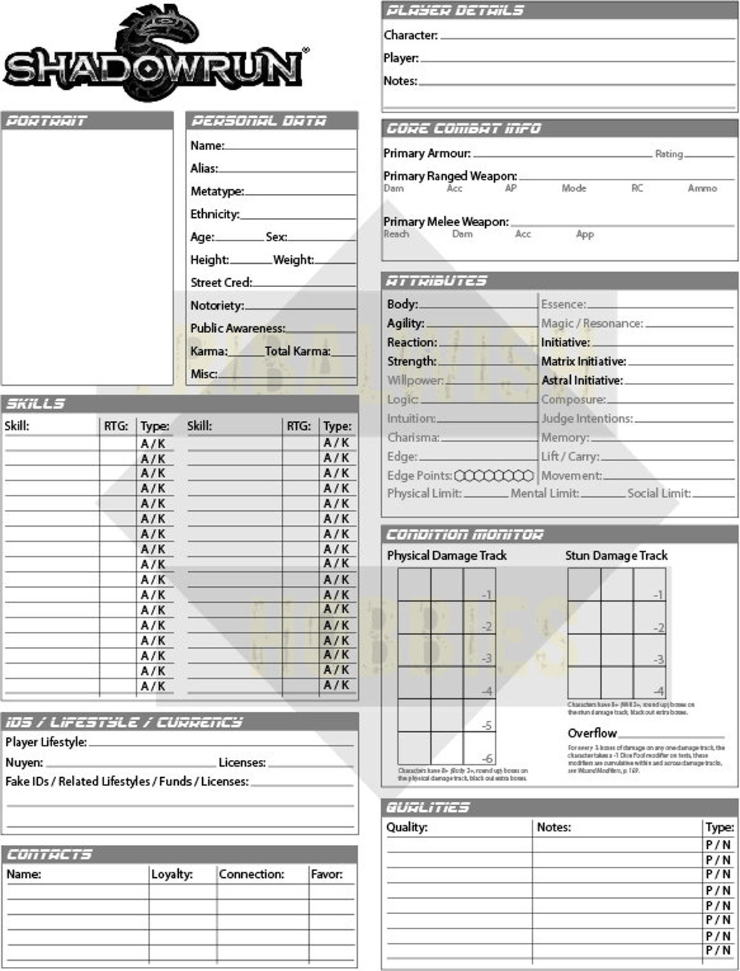 Double Sided Shadowrun Character Creation Sheet Printable Digital Download Warhammer Role Playing Character Design Imagination Etsy