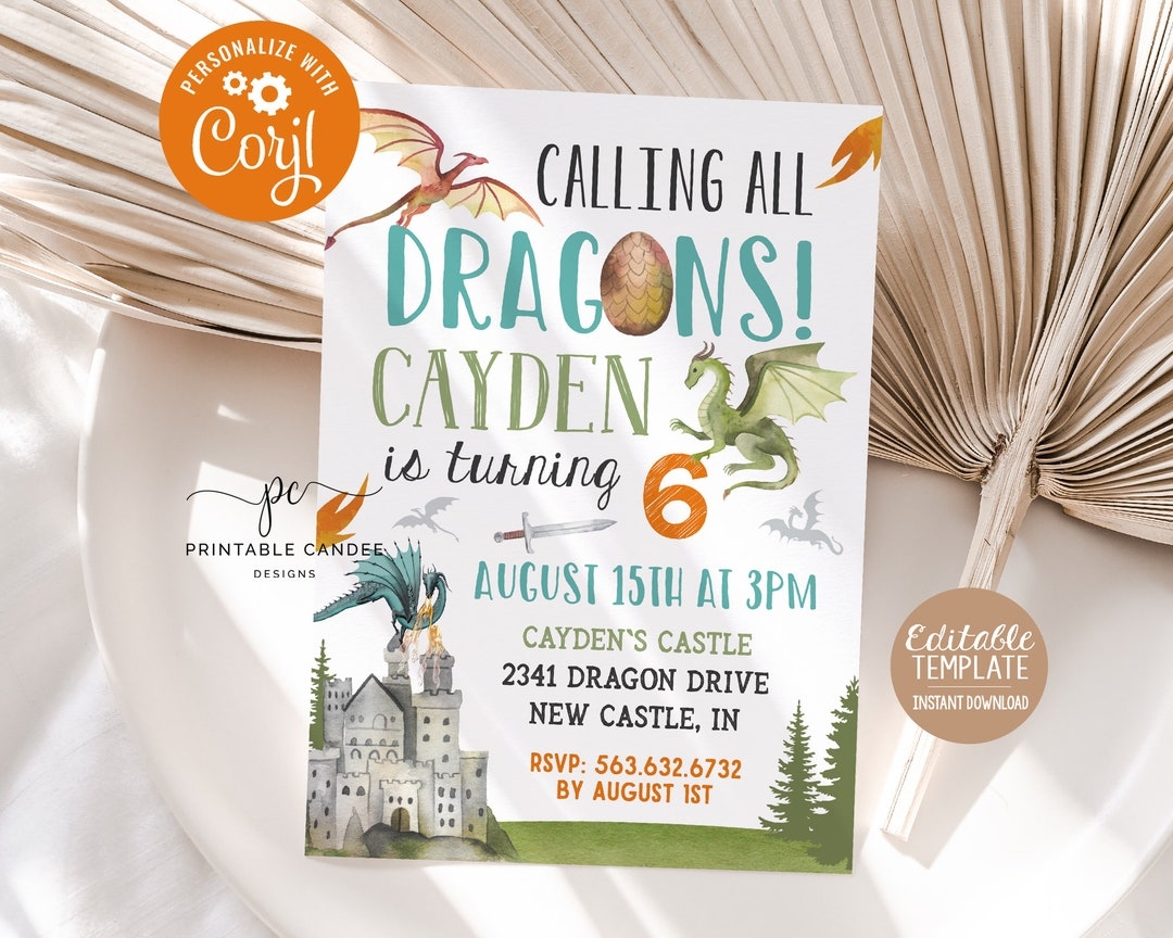 Dragon Birthday Invitation Editable Dragon Party Printable Invite Boy Birthday Theme White Template Instant Download Etsy