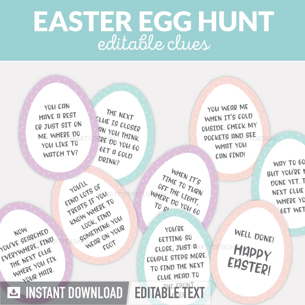 Easter Egg Hunt Clues Printable Editable PDF My Party Design