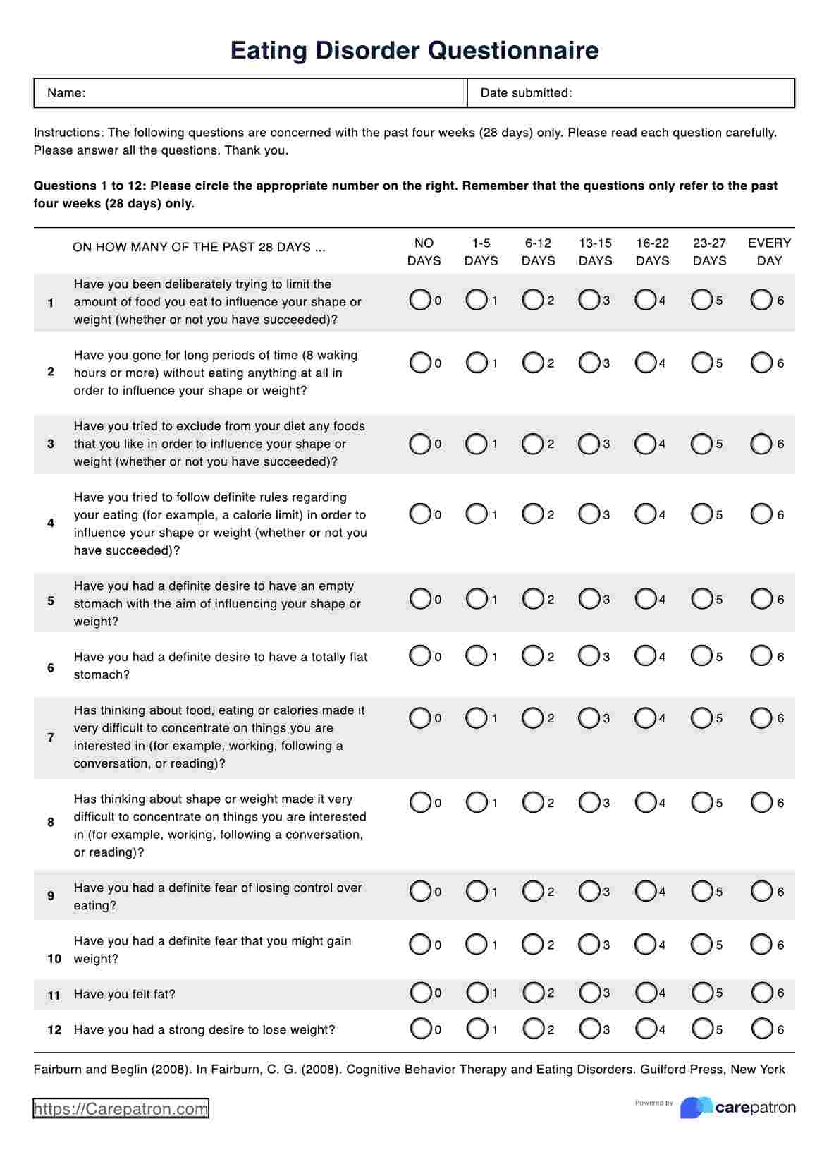 Eating Disorder Questionnaire Example Free PDF Download