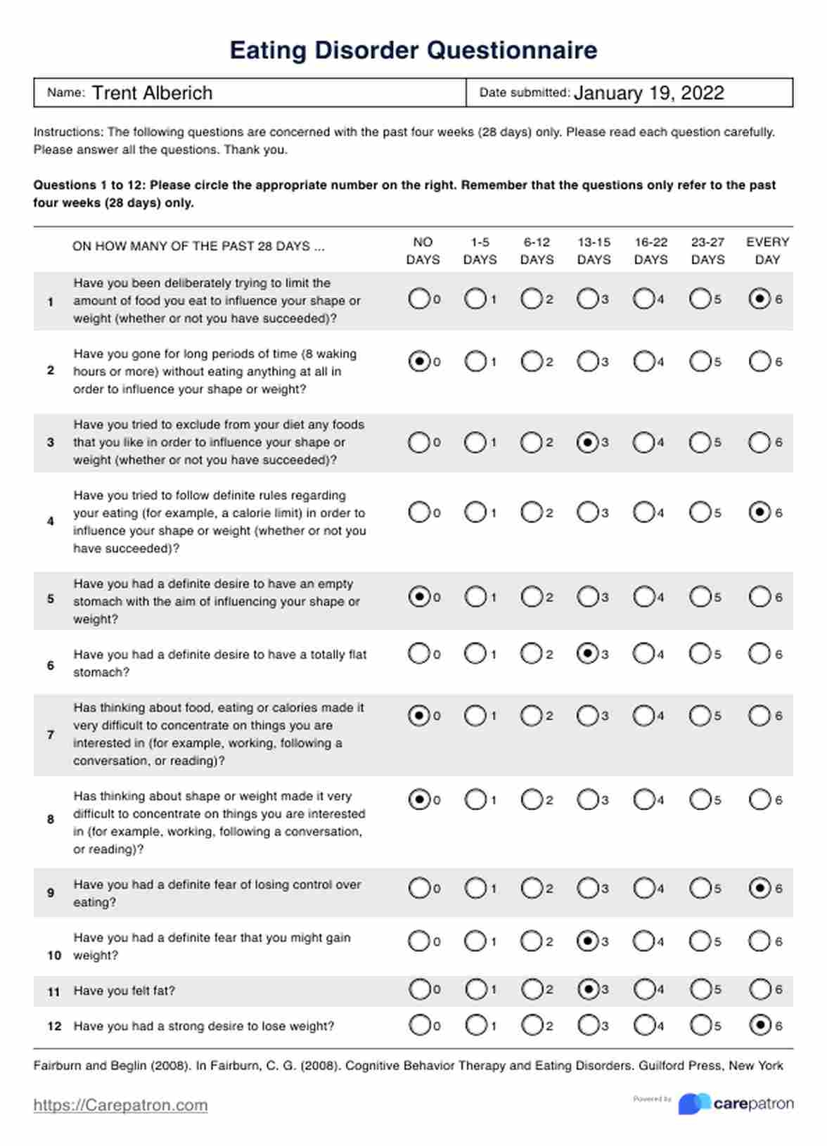 Eating Disorder Questionnaire Example Free PDF Download