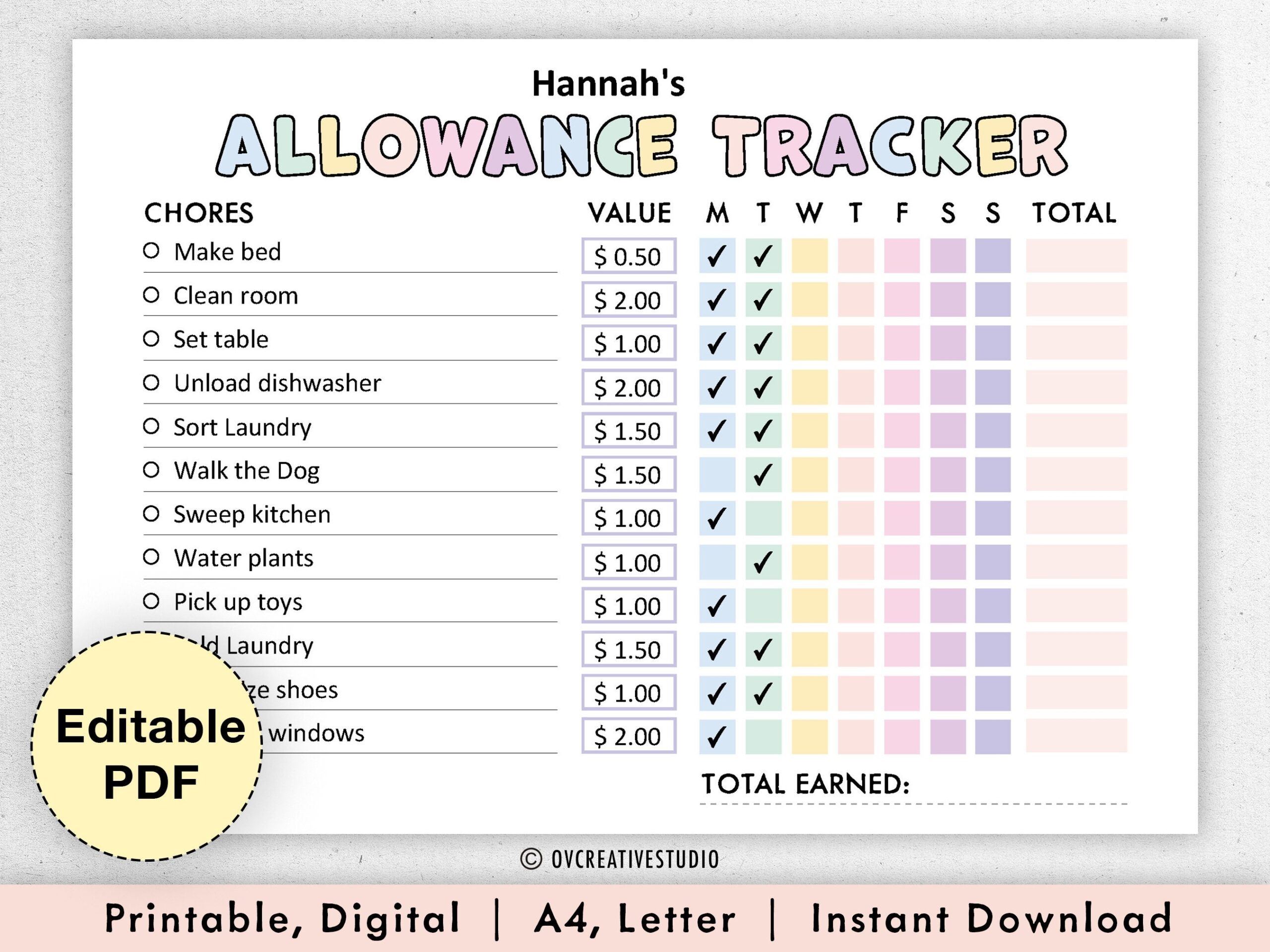 Editable Allowance Tracker Kids Earn Money Chart Daily Weekly Allowance Chore Chart Money Reward Chart Allowance Chart PDF Etsy