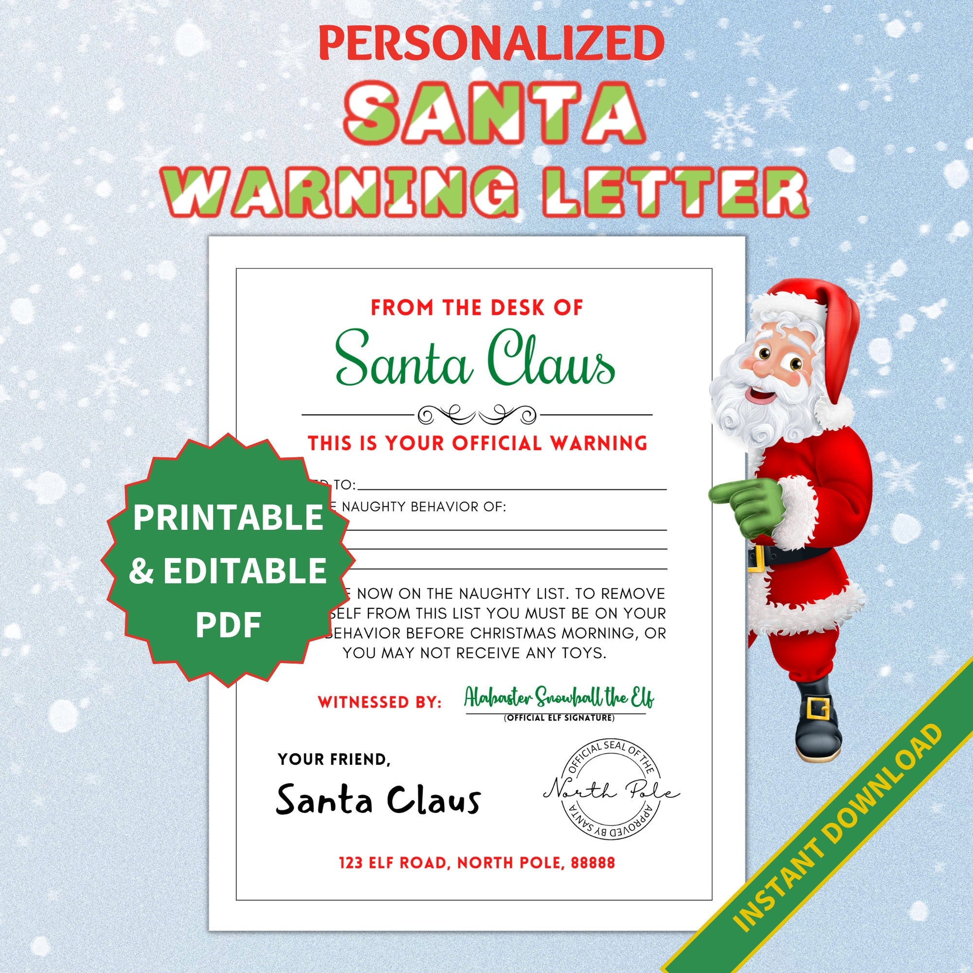 Editable And Printable Warning Letter From Santa In A Fillable PDF Personalize To Let Children Know They re On The Naughty List Etsy