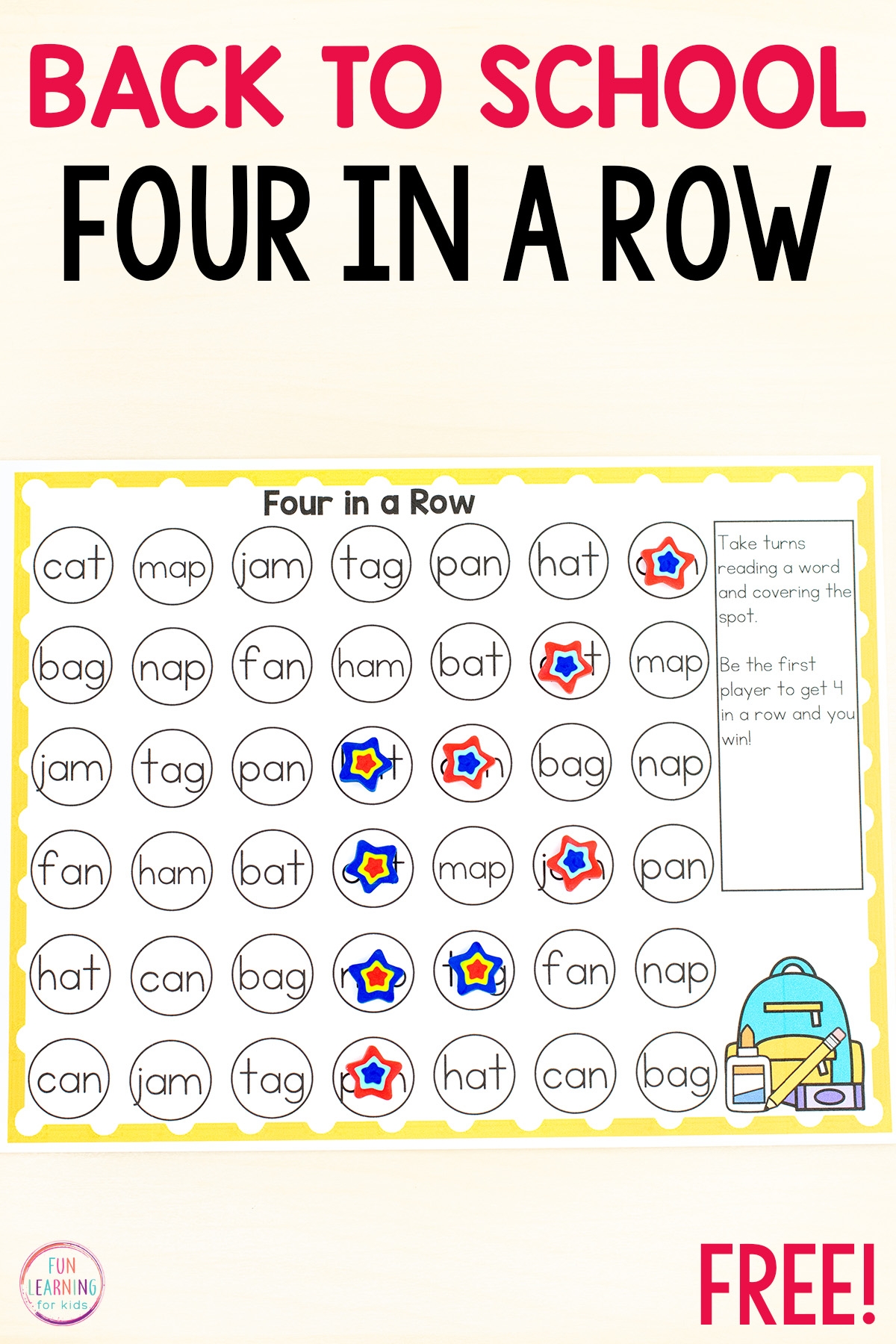 Editable Back To School Four In A Row Printable Game