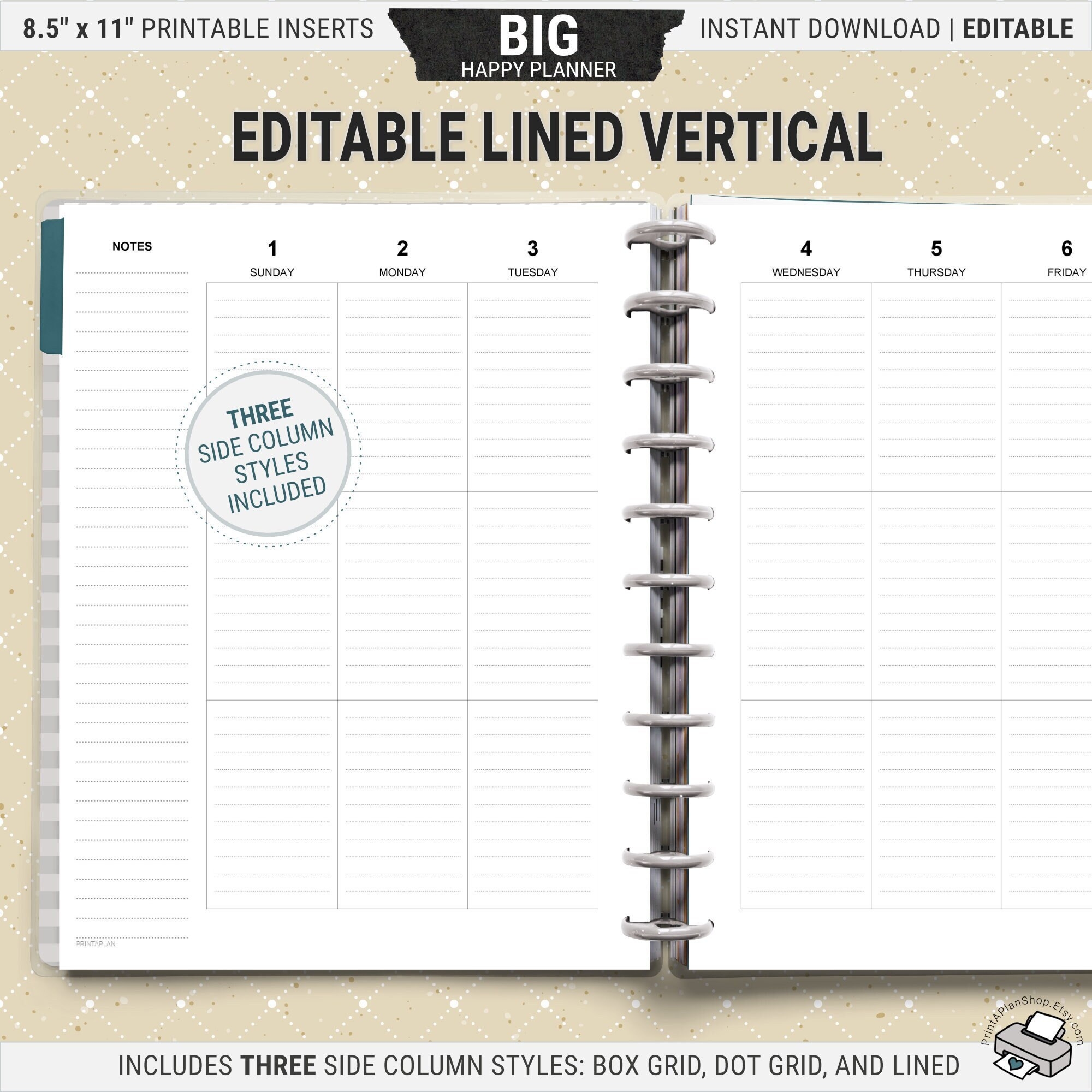 Editable BIG Happy Planner Lined Vertical Inserts Printable Weekly Planner Pages Undated Digital Download PDF Etsy