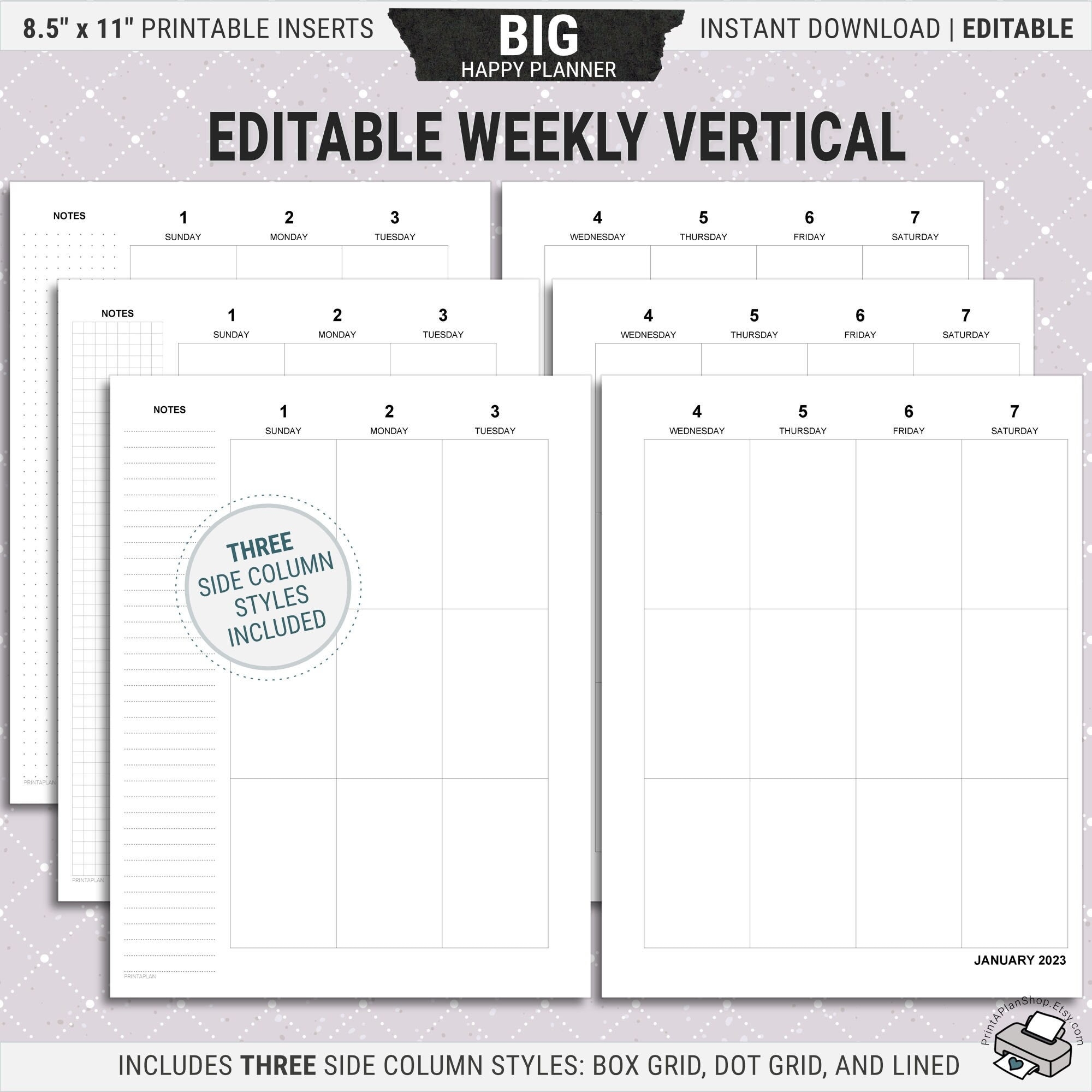 Editable BIG Happy Planner Vertical Inserts Printable Weekly Planner Pages Undated Digital Download PDF Etsy
