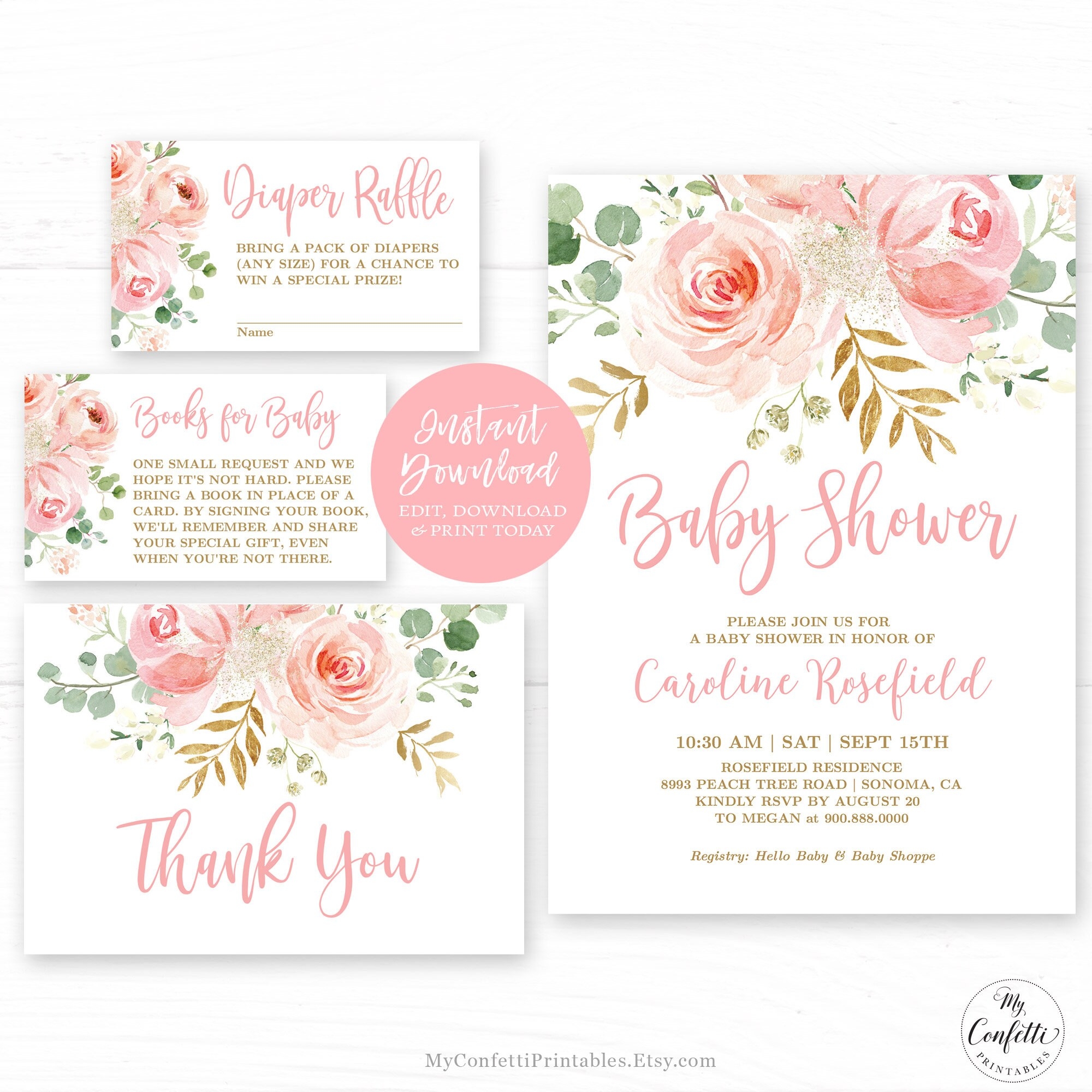 EDITABLE Blush Pink Floral Baby Shower Invitation Template Printable Baby Shower Invitation Bundle Girl Boho MCP820 CJB Etsy
