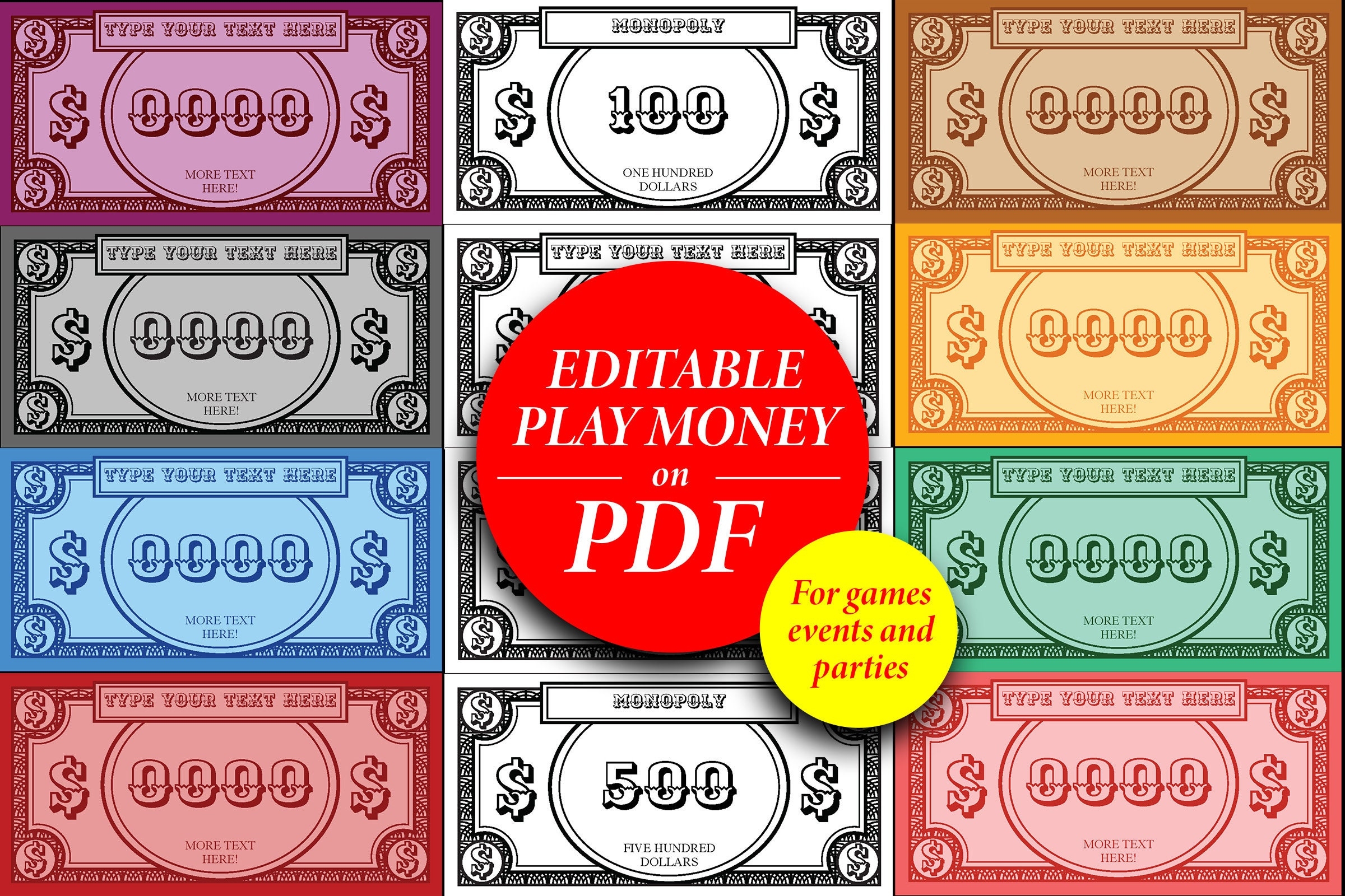 Editable Board Game Money Customisable Party Play Money Printable Monopoly Bank Notes Download DIY Replacement Game Pieces Event Etsy