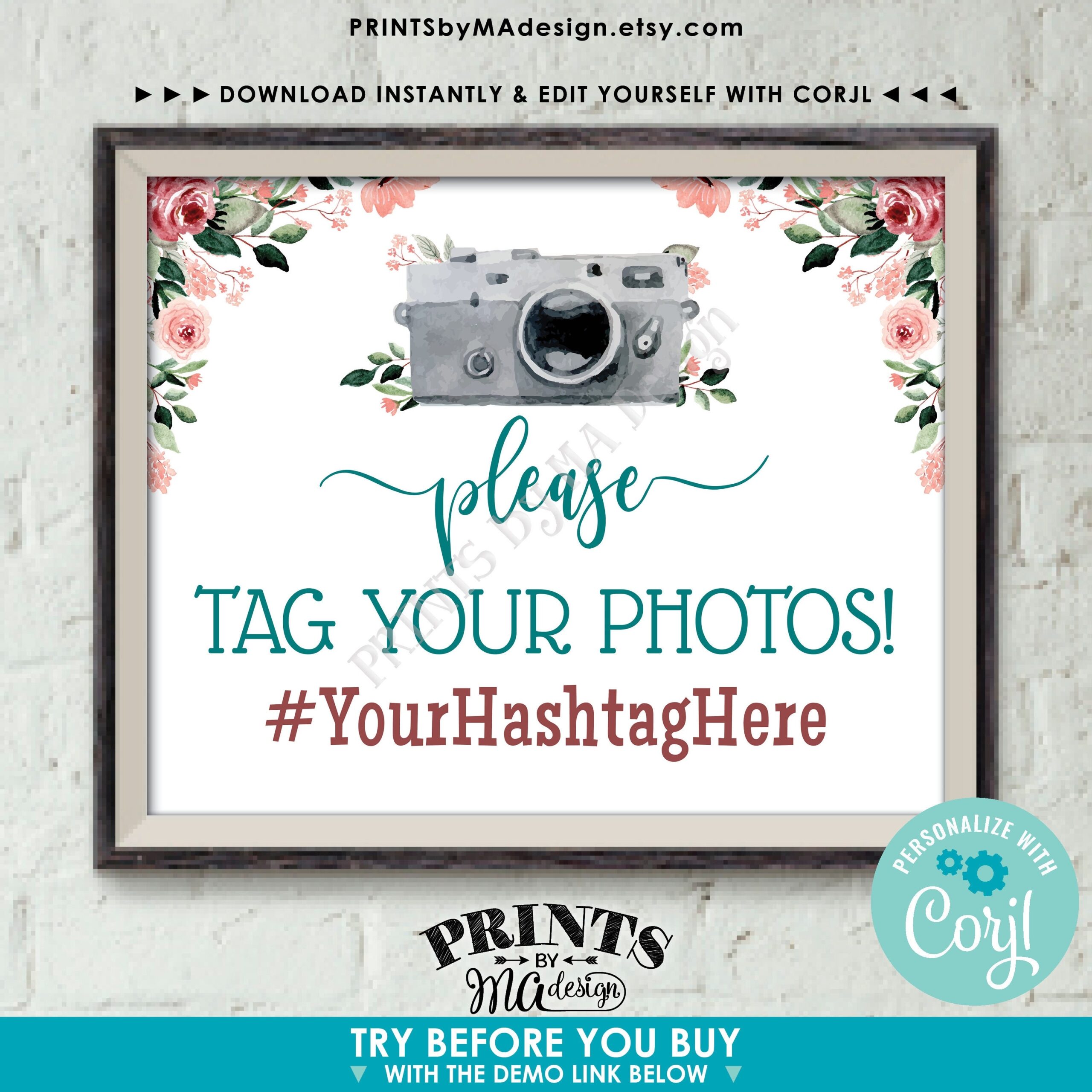 Editable Camera Sign With A Rose Gold Blush Floral Design Custom PRINTABLE 16x20 Template Choose Your Text