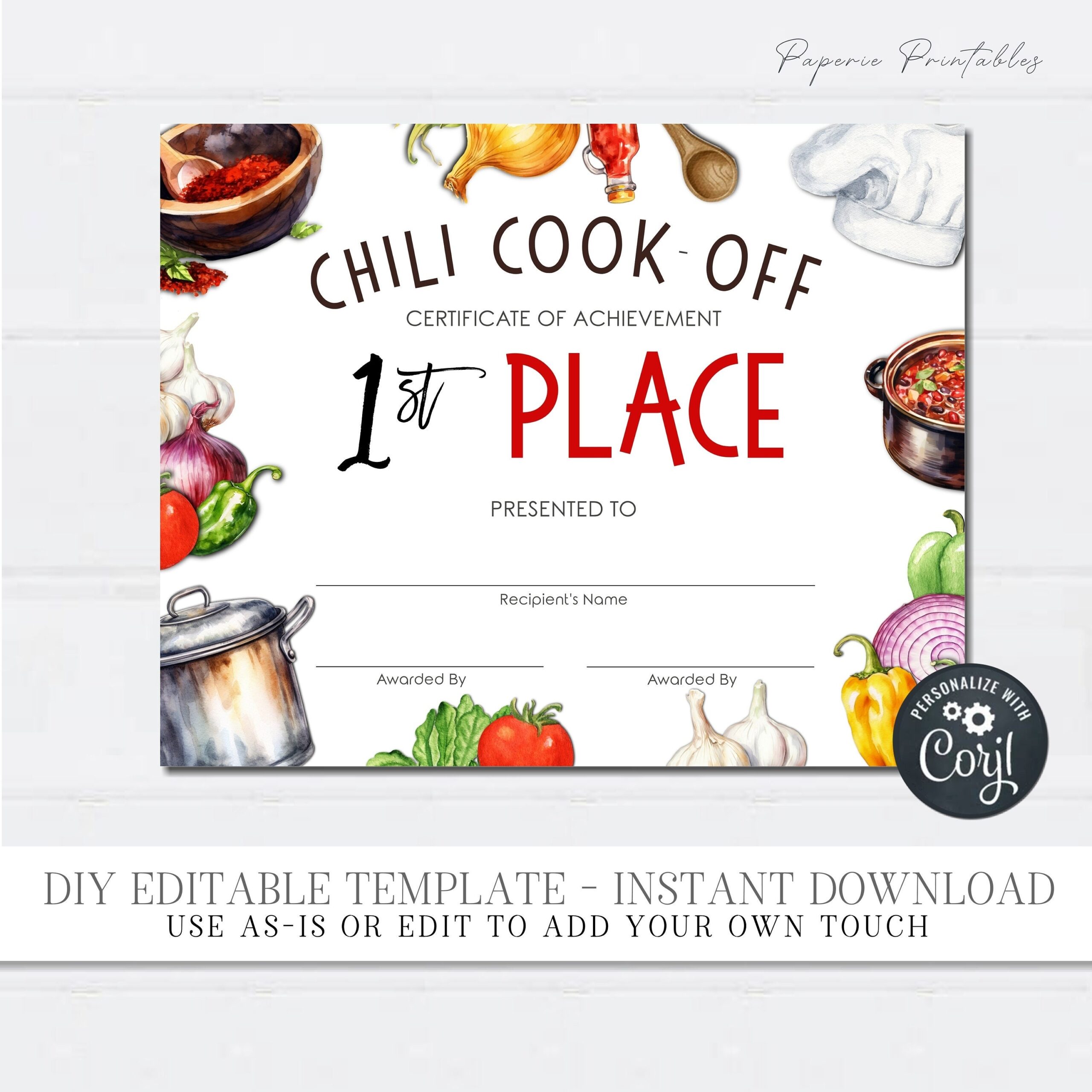 Editable Chili Cook off Award Winner Certificates Chili Competition Award Certificate Chili Award Printable DIY W corjl FLYR18 FLYR17 Etsy