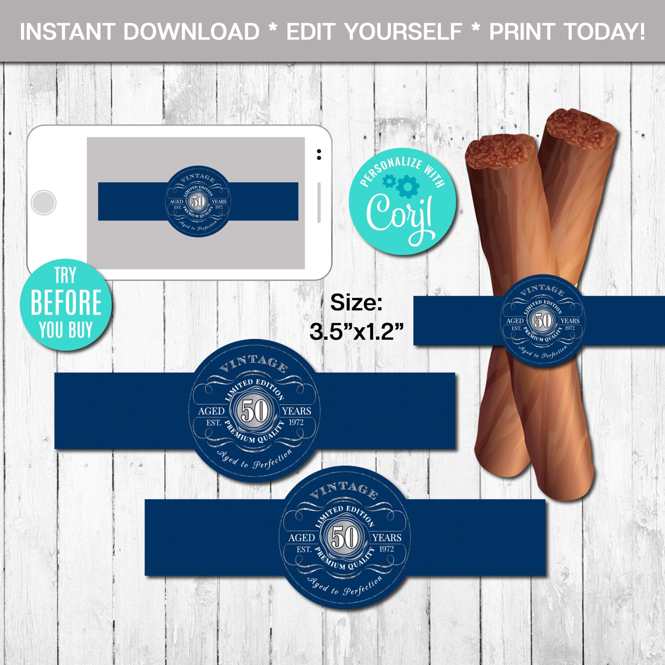 EDITABLE Cigar Labels 50th Birthday Cigar Band Aged To Perfection Any Age Navy Blue And Silver Whiskey Label Instant Download CORJL Etsy