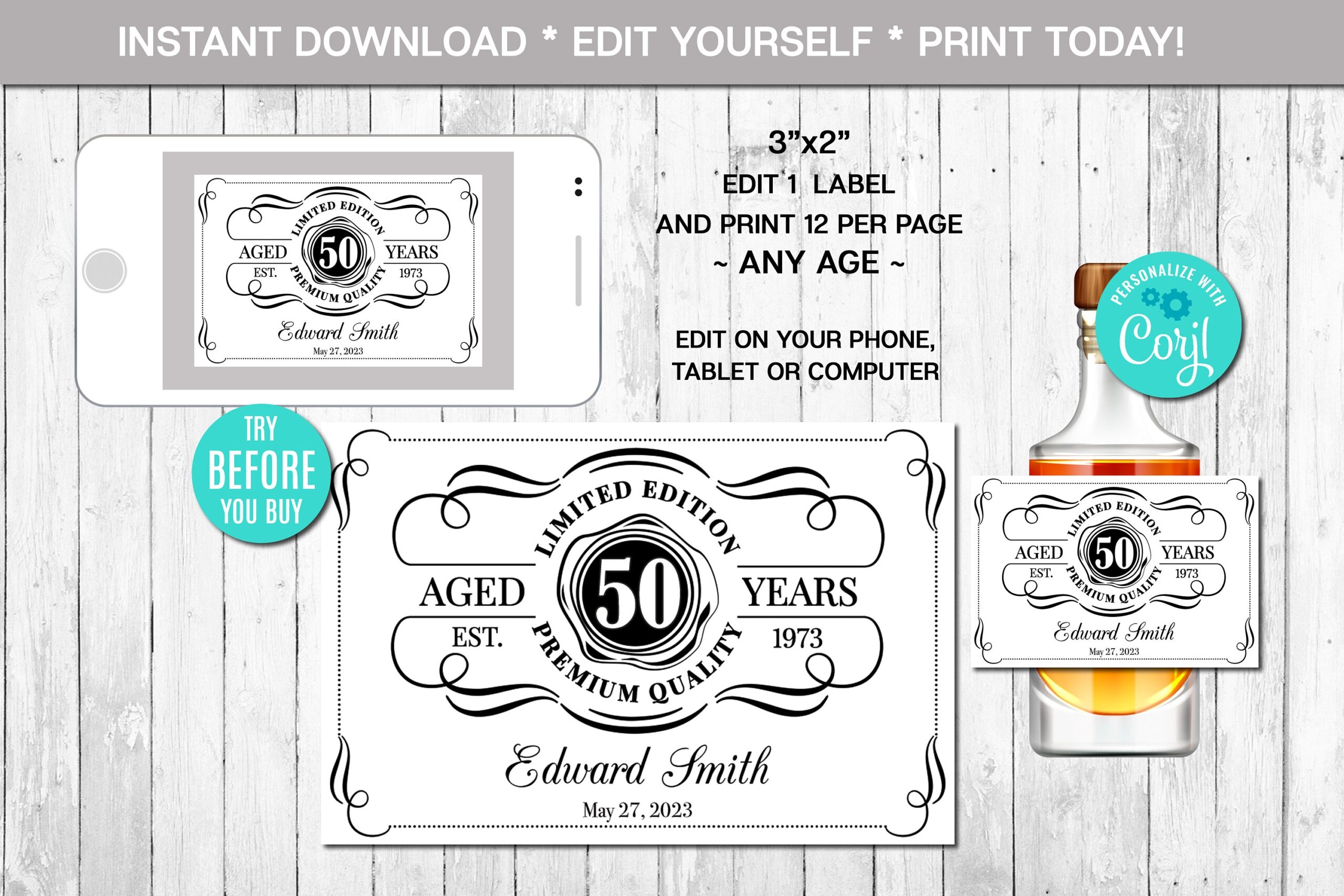 EDITABLE Cigar Labels 50th Birthday Cigar Band Any Age Aged To Perfection White Whiskey Label Instant Download CORJL Digital File Etsy