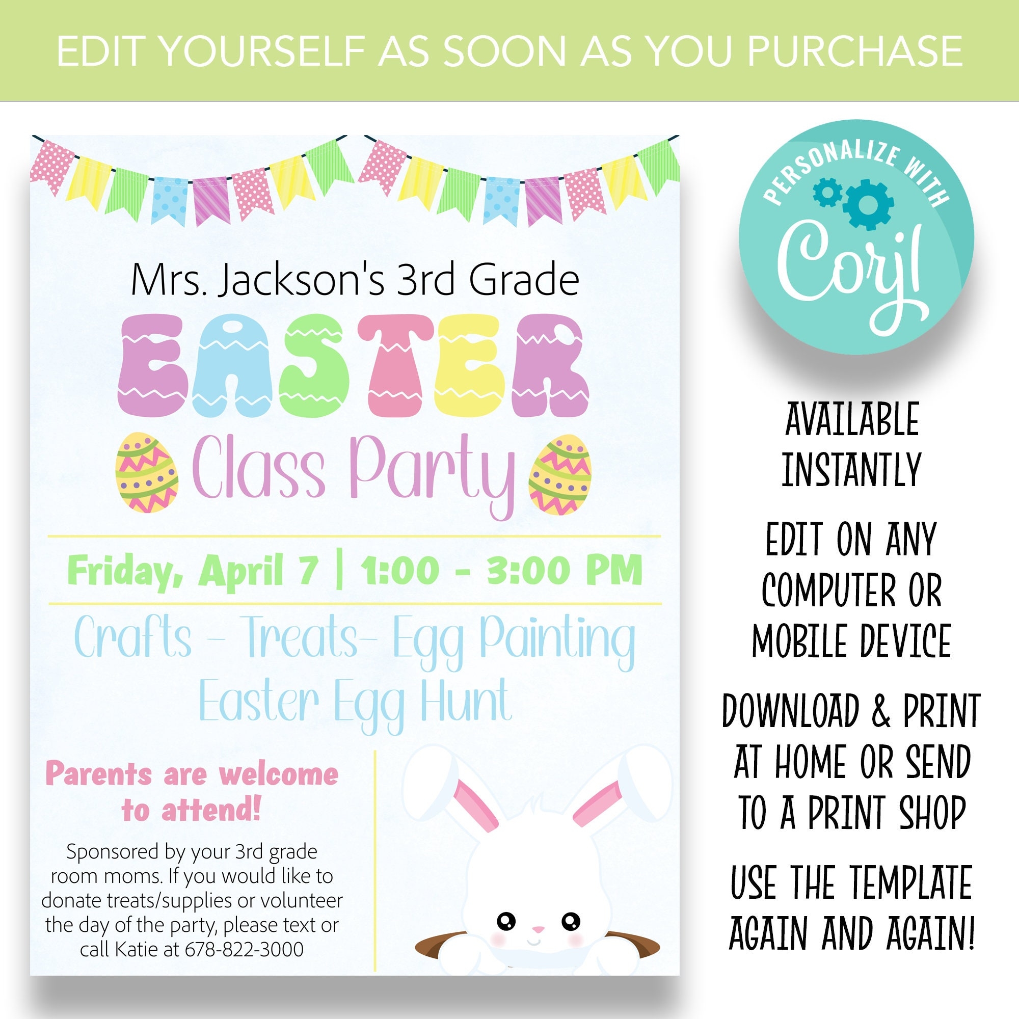 EDITABLE Class Easter Party Flyer Printable School Easter Party Template PTO Party Forms Class Party Information Sheet Etsy