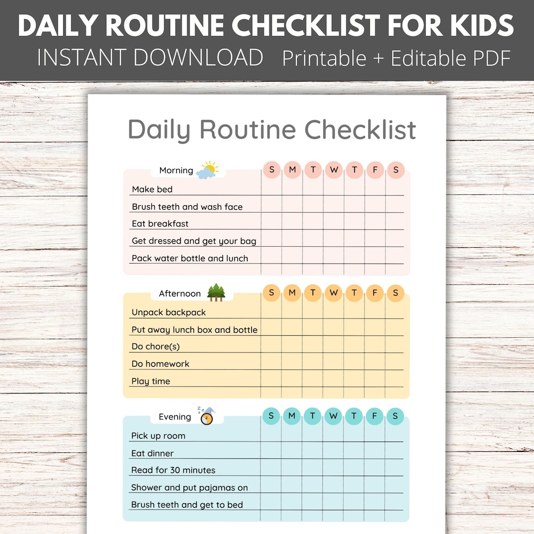 Editable Daily Routine Checklist For Older Kids Printable Morning Checklist Afternoon Checklist Evening Checklist Daily Routine Chart Etsy
