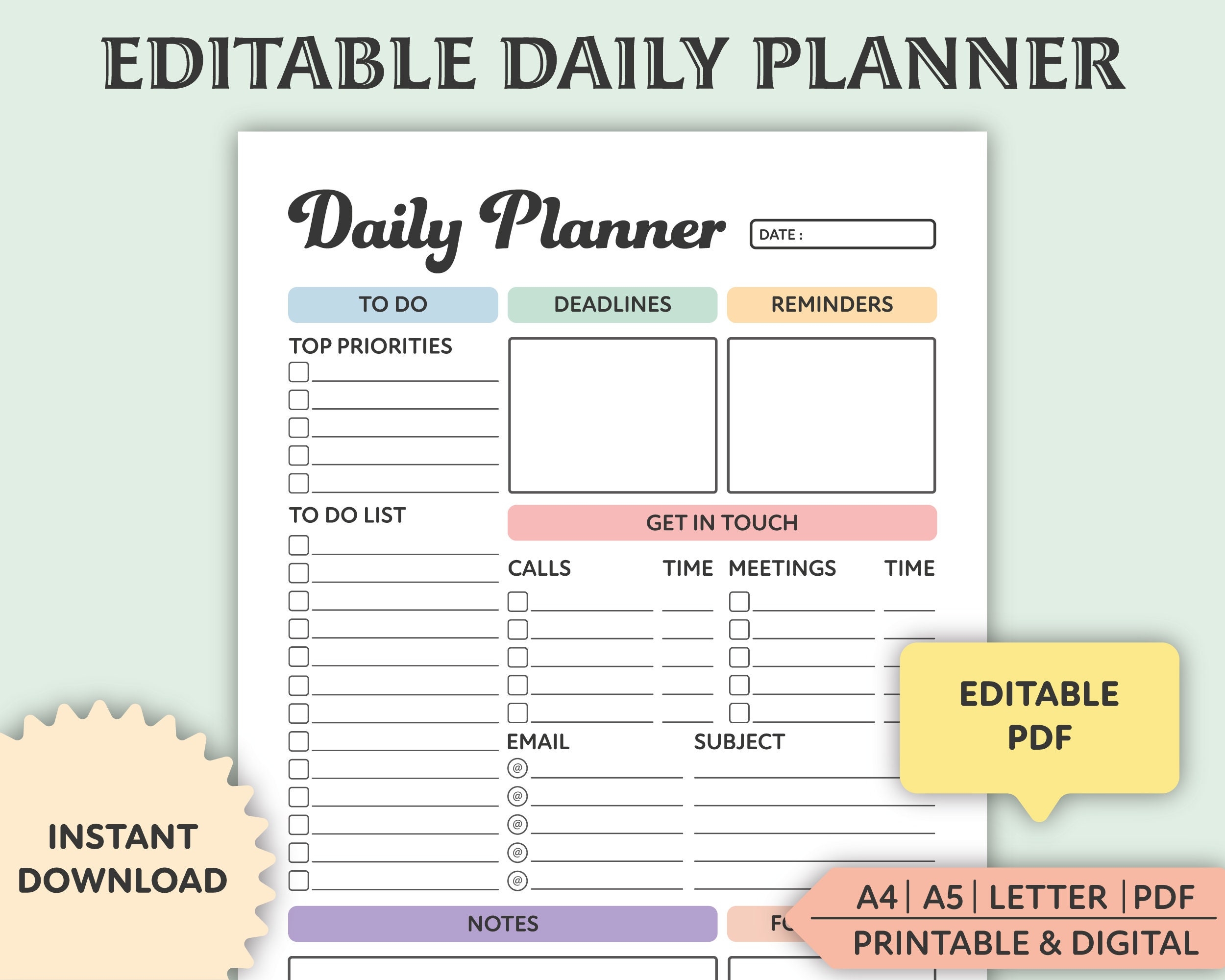 Editable Daily Schedule Printable Digital Daily Planner Daily To Do List Daily Routine Productivity Planner Work Day Diary Insert Etsy